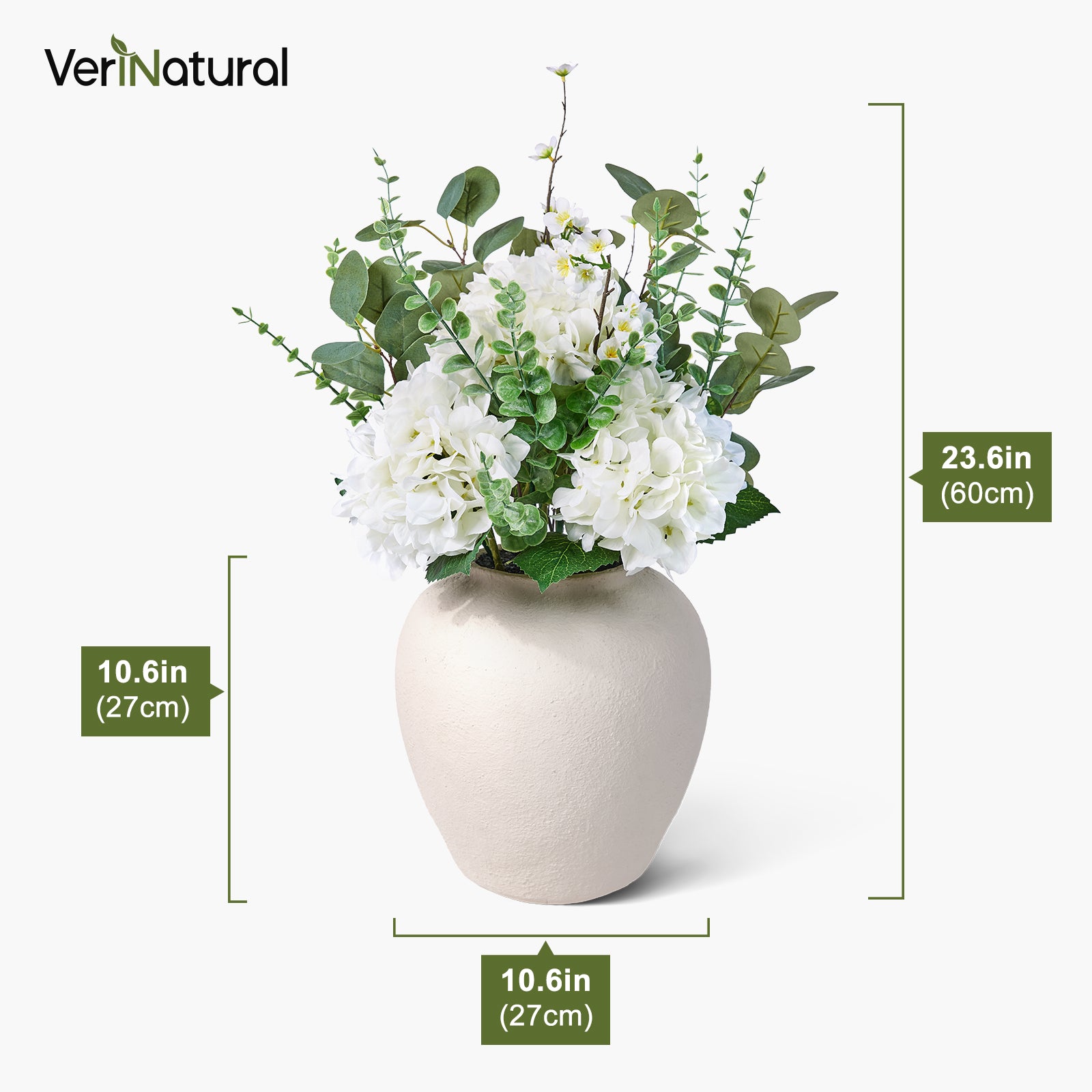 VeriNatural 24" Faux Hydrangea Arrangement with Eucalyptus Greenery – Large Artificial Floral Centerpiece in MgO Vase for Dining Table, Coffee Table & Modern Farmhouse Home Decor