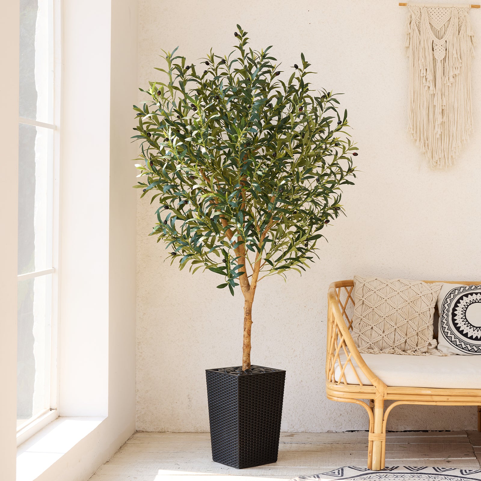 VeriNatural 5/6/7FT Natural Trunk Artificial Olive Tree UV Resistant with Black/White Taper Planter for Indoor & Outdoor(VN133)