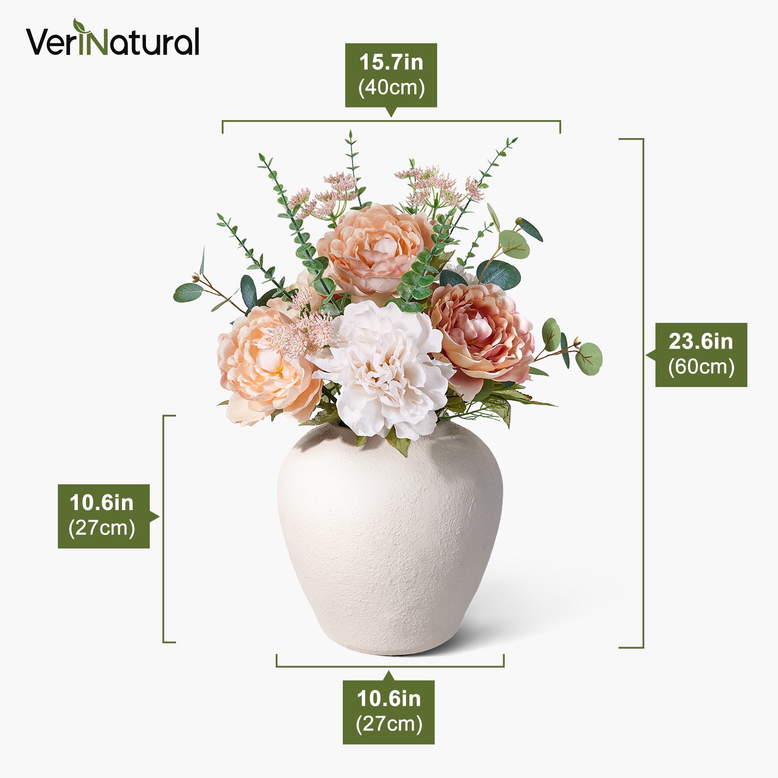 VeriNatural 24” Faux Peony Arrangement in MgO Vase – Luxury Table Centerpiece