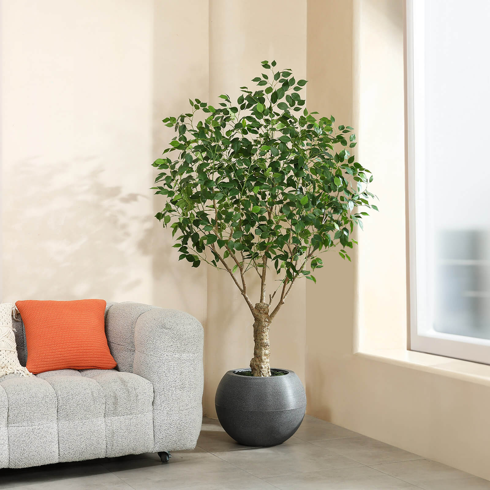 VeriNatural 7FT Artificial Ficus Tree with Gray Oval Planter for Indoor & Outdoor