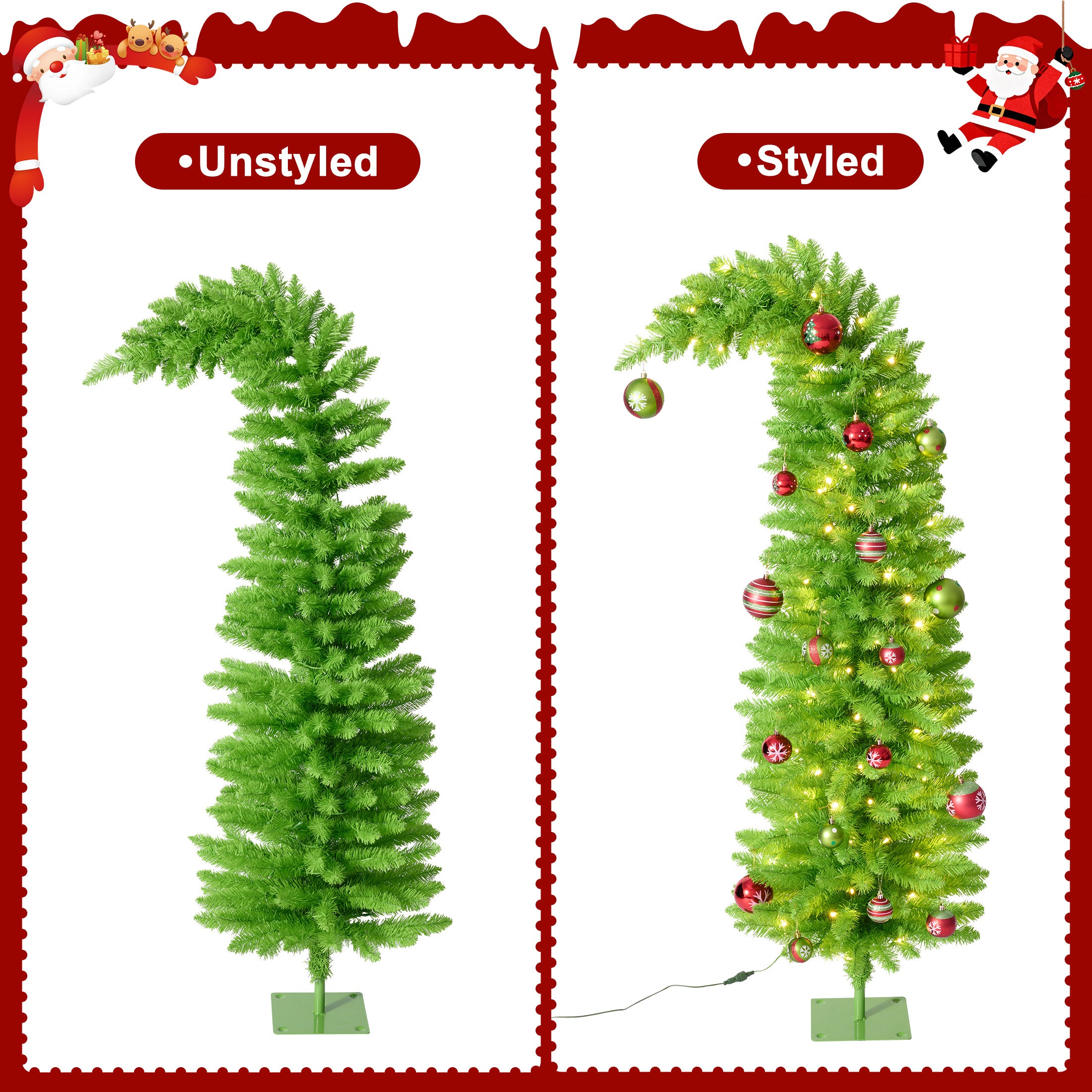 VeriNatural 5FT Pencil Artificial Christmas Tree with Red & Green Ornaments, Pre-Decorated Slim Xmas Tree for Indoor Holiday Decor