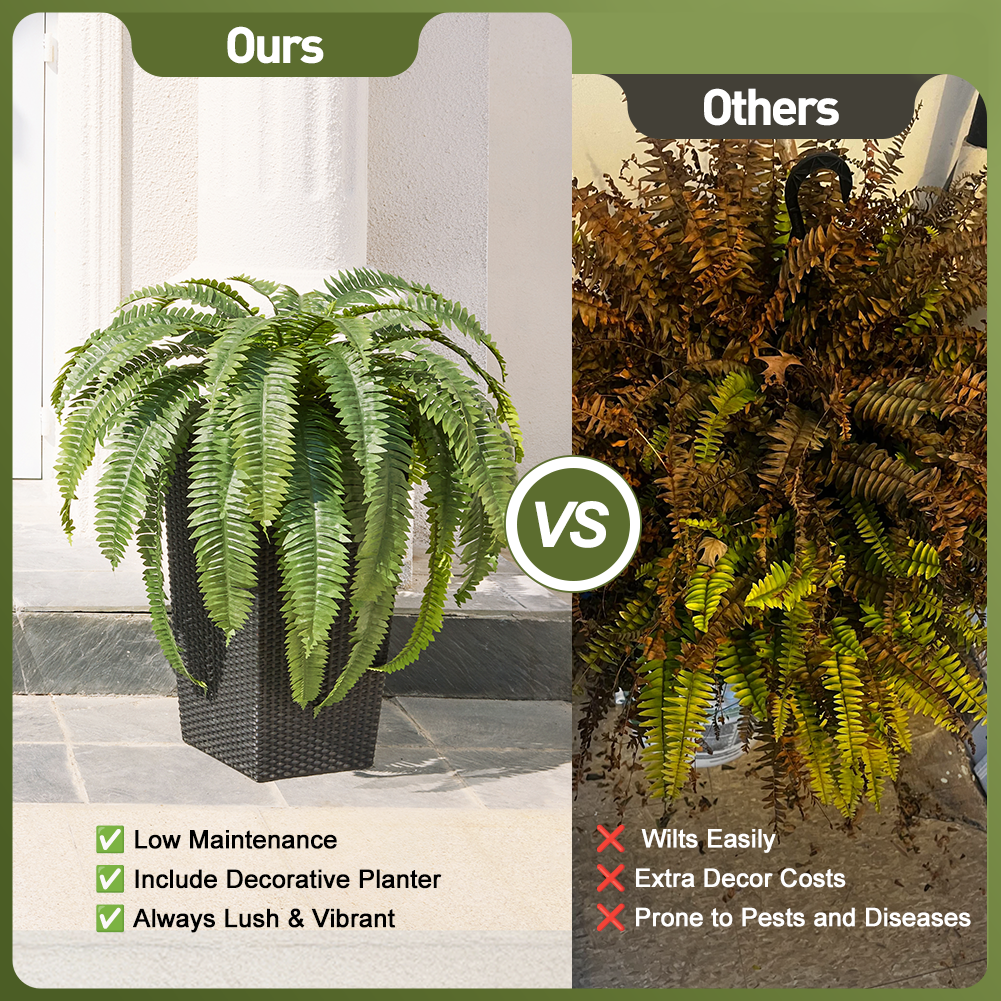 VeriNatural 33/39 Fronds Artificial Boston Fern Bush with Black Taper Planter for Indoor & Outdoor (1/2-Pack)(VN153)