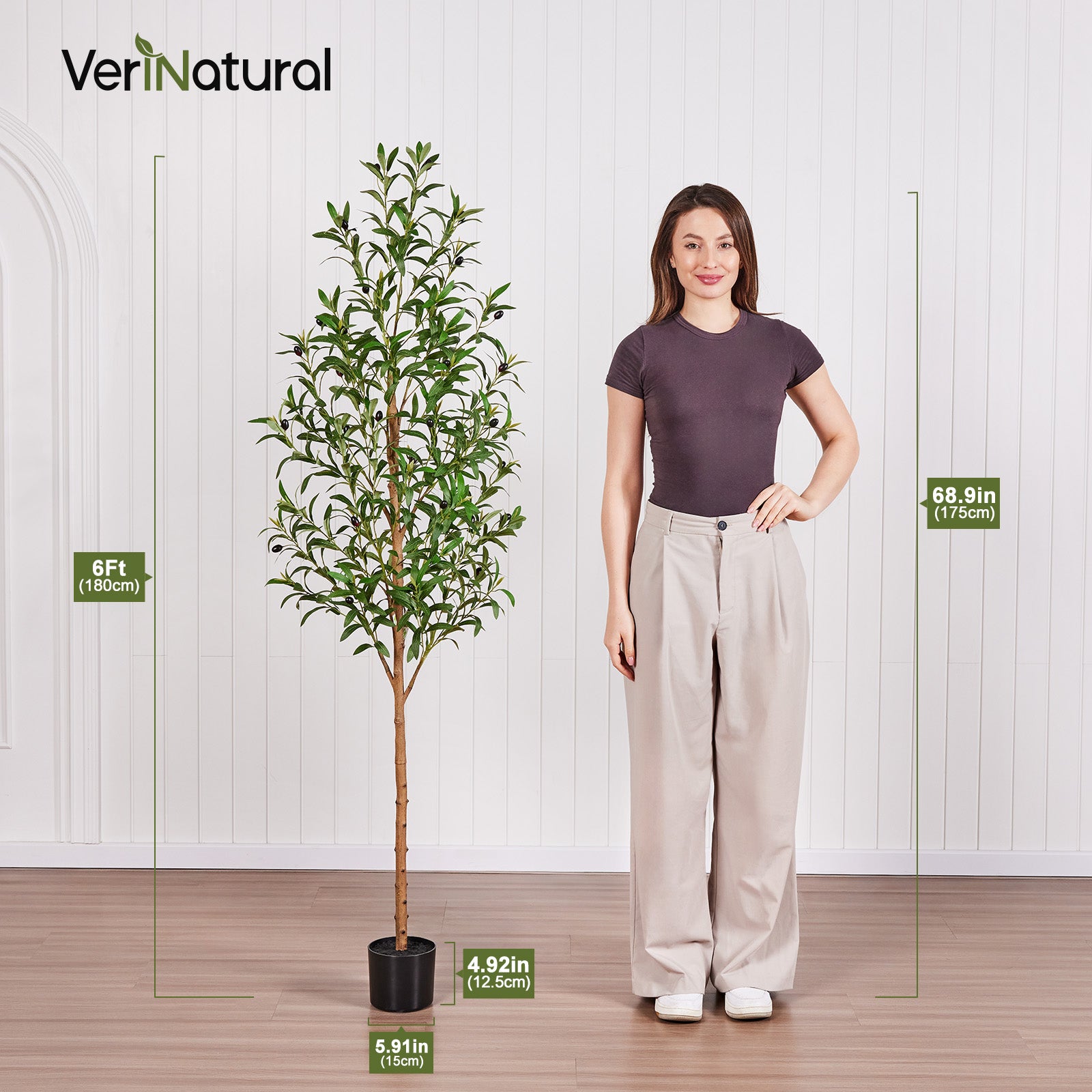 VeriNatural 6FT Artificial Olive Tree – Realistic Wood-Look Trunk, Tall Faux Olive Tree in Pot for Indoor Home, Living Room & Office Decor (VN245)