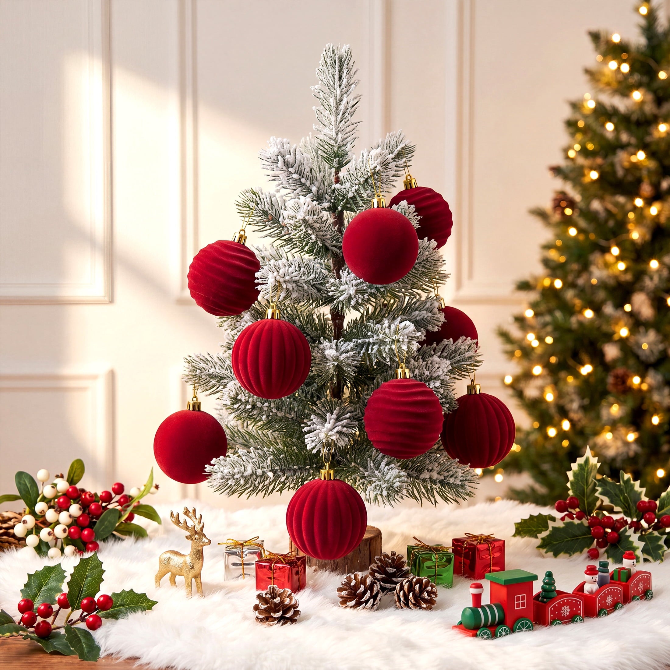 DR.Planzen 12PCS 3.2in Burgundy Christmas Ball Ornaments Set, Velvet Flocked Shatter-Resistant Xmas Balls - 3 Textured Styles with Gold Hanging Strings for Christmas Tree, Wreath, Mantel