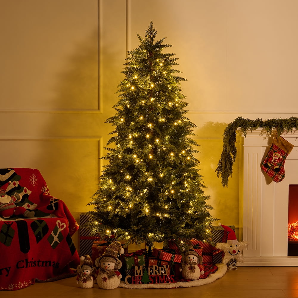 DR.Planzen 6FT Pre Lit Cedar Christmas Tree - Realistic PE PVC Branches, 350 Warm White LED Lights, Artificial Christmas Tree with Sturdy Iron Stand for Living Room Holiday Decor