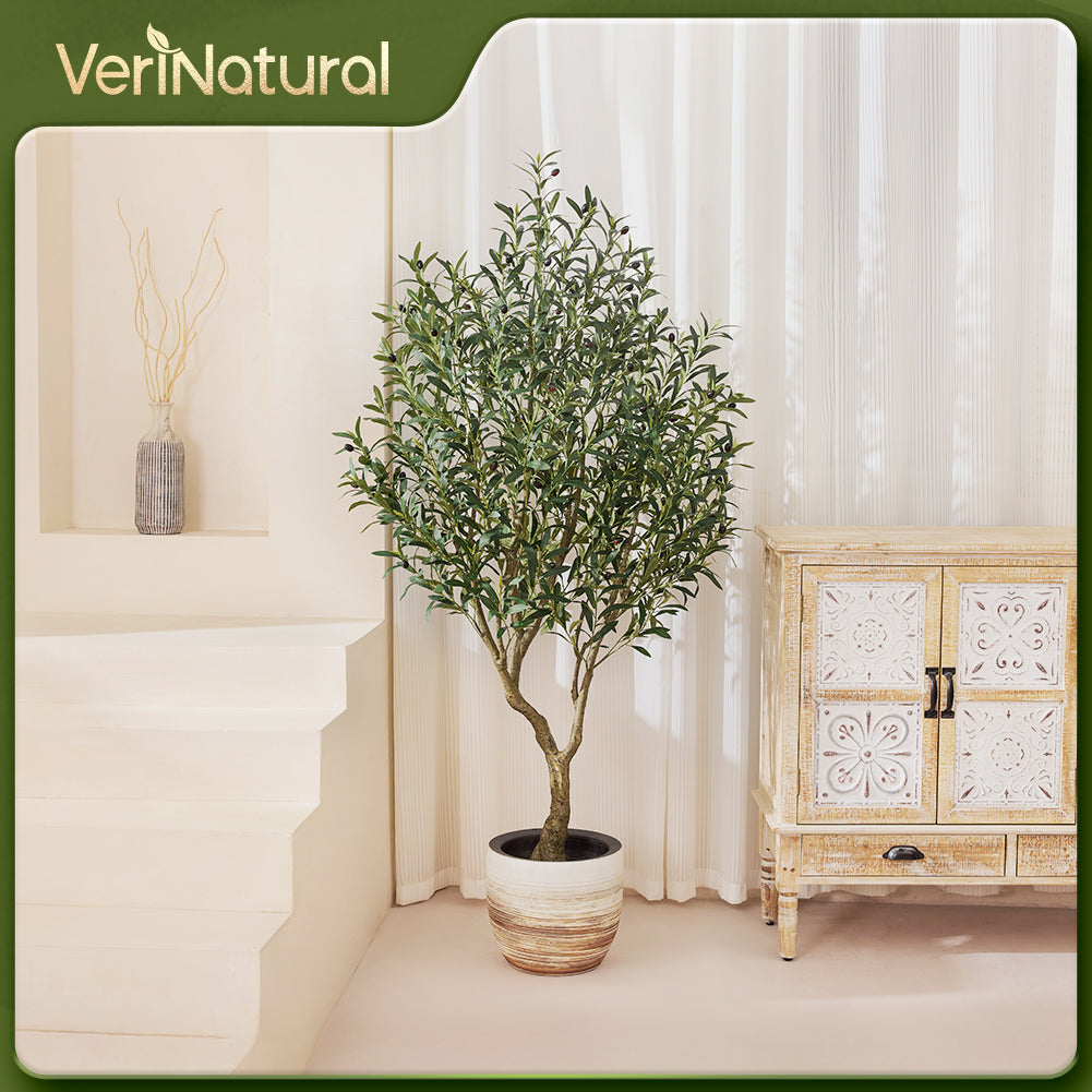 VeriNatural 5/6/7FT UV Resistant and Full-bodied Artificial Olive Tree with Black Planter for Indoor & Outdoor(VN154)