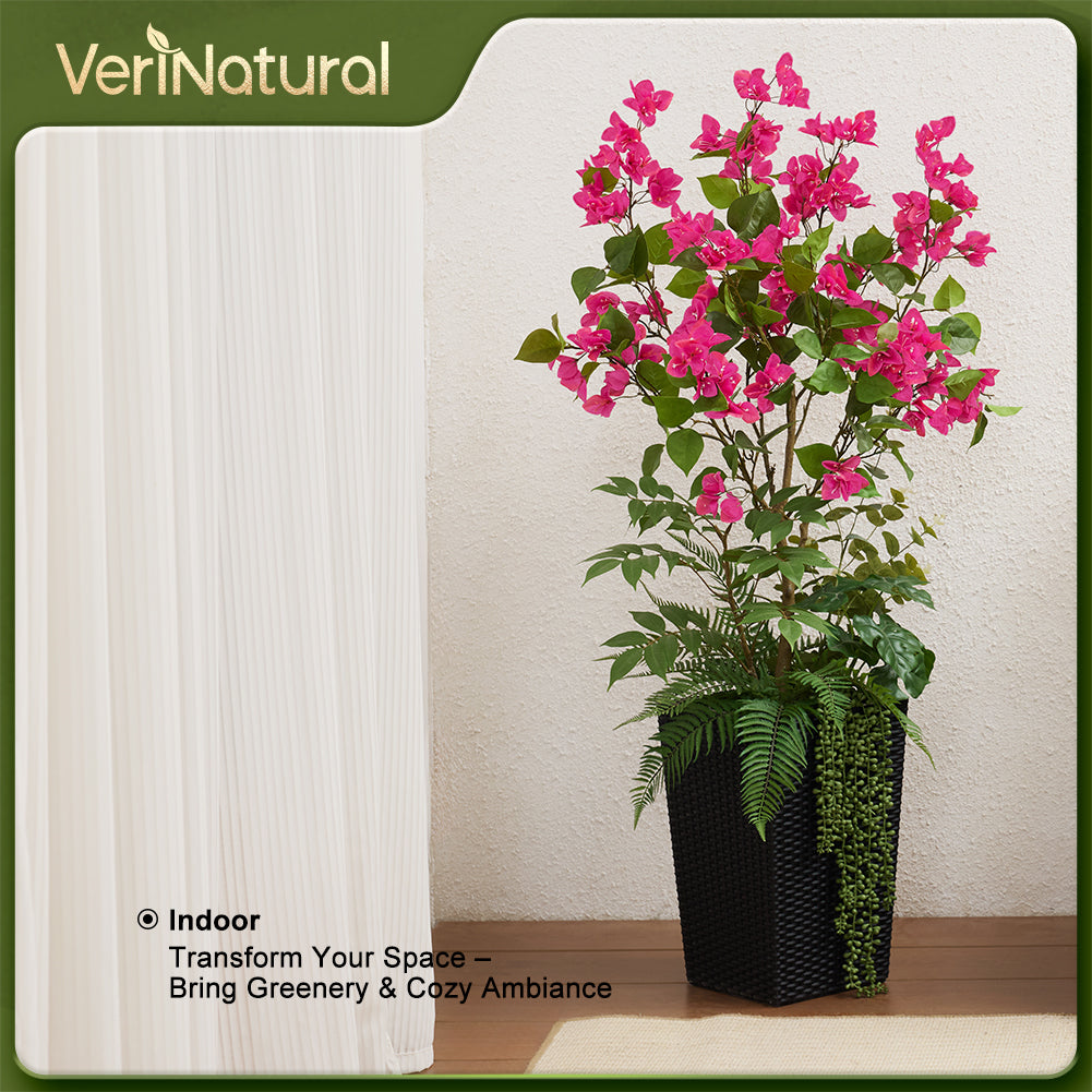 VeriNatural 4FT Mixed Greens and Bougainvillea Artificial Plants with Black Taper Planter for Indoor & Outdoor (1/2-Pack)(VN146)