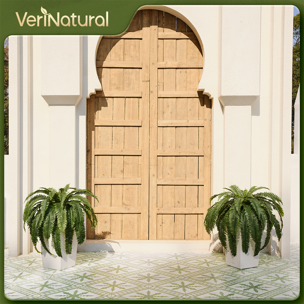 VeriNatural 33/39 Fronds Artificial Boston Fern Bush with Black Taper Planter for Indoor & Outdoor (1/2-Pack)(VN153)