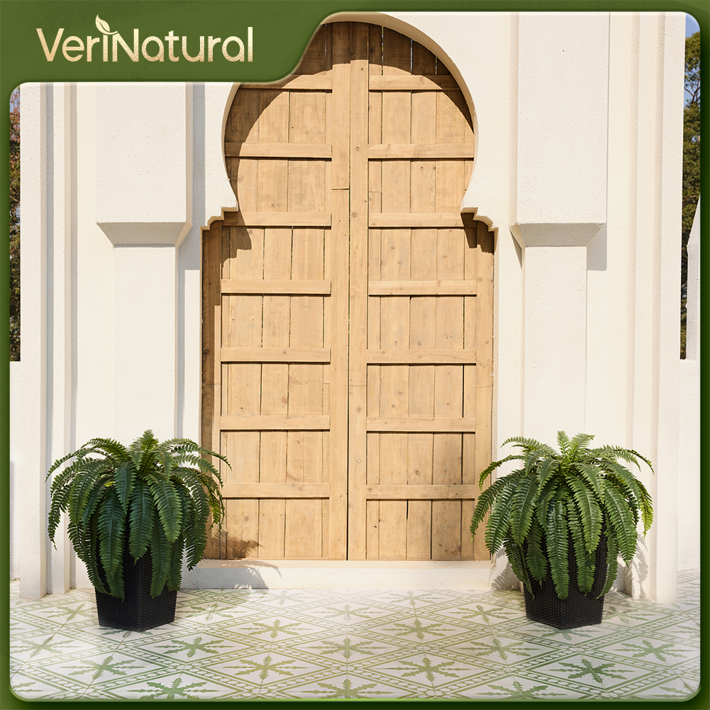 VeriNatural 33/39 Fronds Artificial Boston Fern Bush with Black Taper Planter for Indoor & Outdoor (1/2-Pack)(VN153)