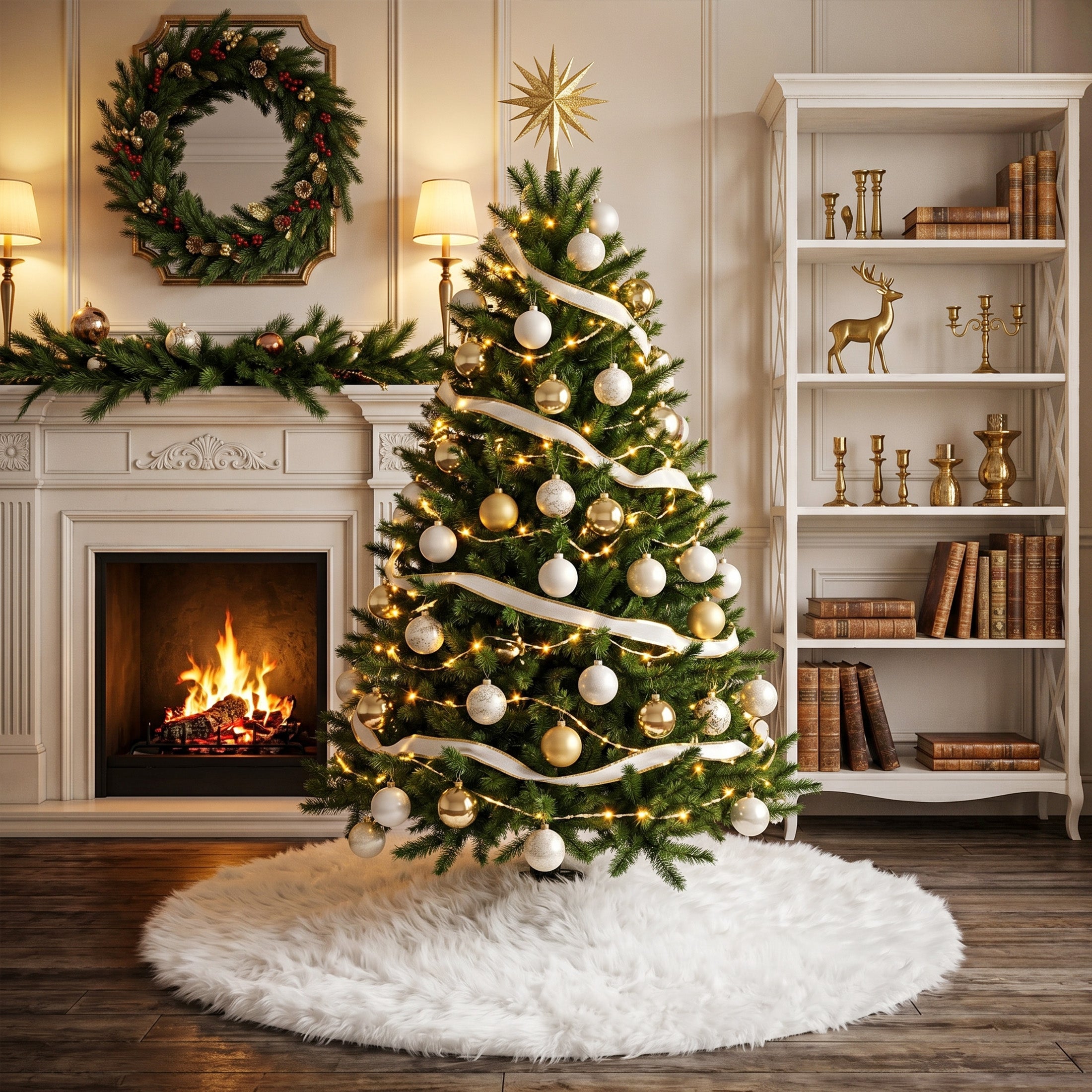 VeriNatural 48-Inch White Flocked Christmas Tree Skirt – Soft Fuzzy Snowflake Holiday Tree Mat with Hook & Loop Fasteners, Winter Wonderland Floor Cover for Indoor Xmas Decor
