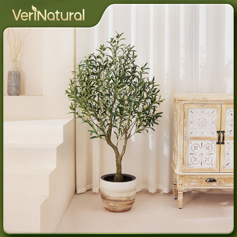 VeriNatural 5/6/7FT UV Resistant and Full-bodied Artificial Olive Tree with Black Planter for Indoor & Outdoor(VN154)