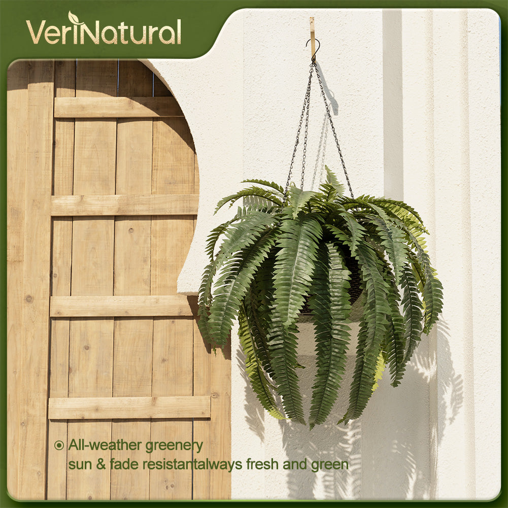 VeriNatural 33 Fronds UV Resistant Artificial Boston Fern Bush with Hanging Planter for Indoor & Outdoor (1/2-Pack)(VN142)