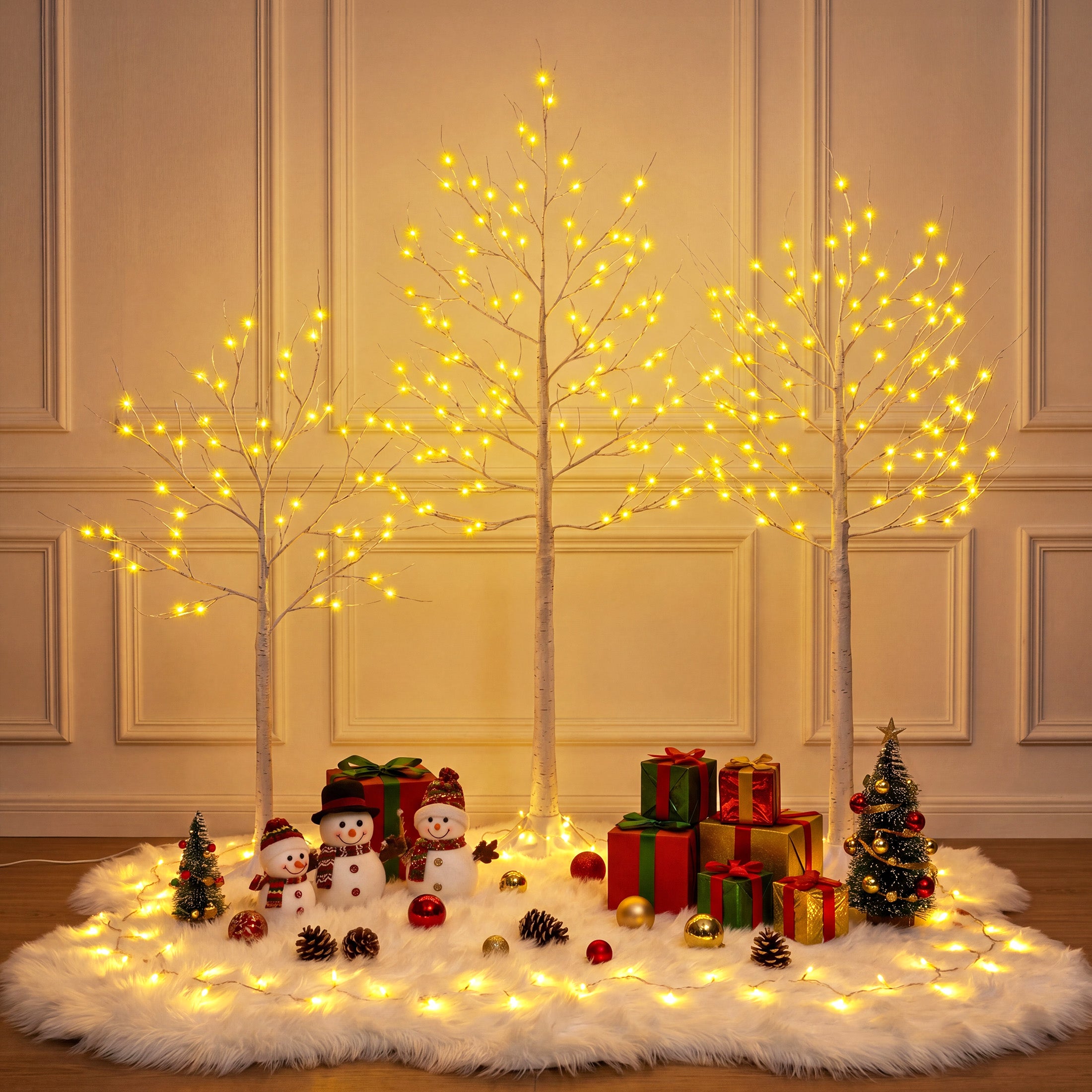 VeriNatural LED Birch Tree Light Set – 4FT/5FT/6FT Pre-Lit Artificial Trees with Warm White Plug-In Lights, Indoor & Outdoor Christmas, Holiday, Wedding & Party Decor (3-Pack)