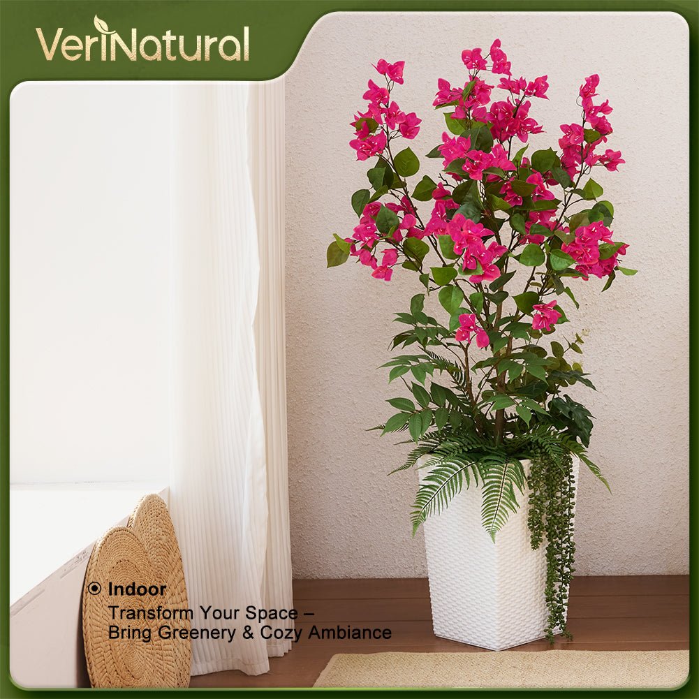 VeriNatural 4FT Mixed Greens and Bougainvillea Artificial Plants with Black Taper Planter for Indoor & Outdoor (1/2-Pack)(VN146)