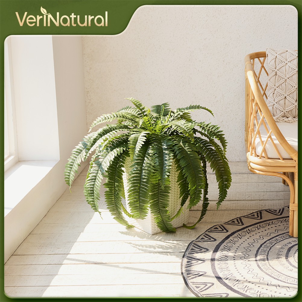 VeriNatural 33/39 Fronds Artificial Boston Fern Bush with Black Taper Planter for Indoor & Outdoor (1/2-Pack)(VN153)