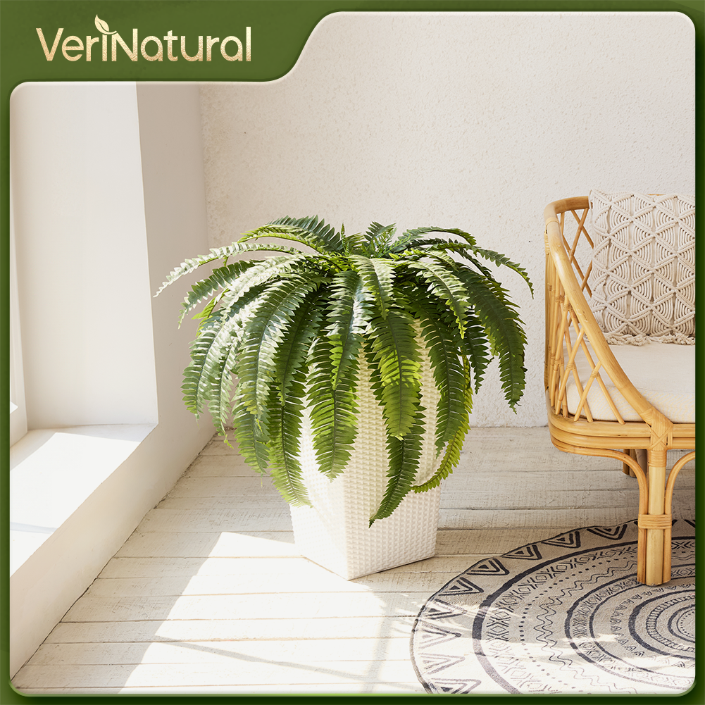 VeriNatural 33/39 Fronds Artificial Boston Fern Bush with Black Taper Planter for Indoor & Outdoor (1/2-Pack)(VN153)