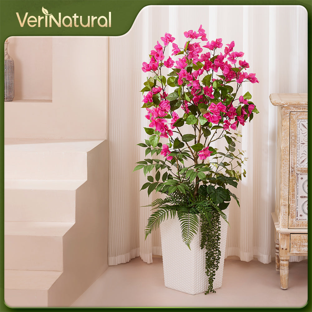 VeriNatural 4FT Mixed Greens and Bougainvillea Artificial Plants with Black Taper Planter for Indoor & Outdoor (1/2-Pack)(VN146)