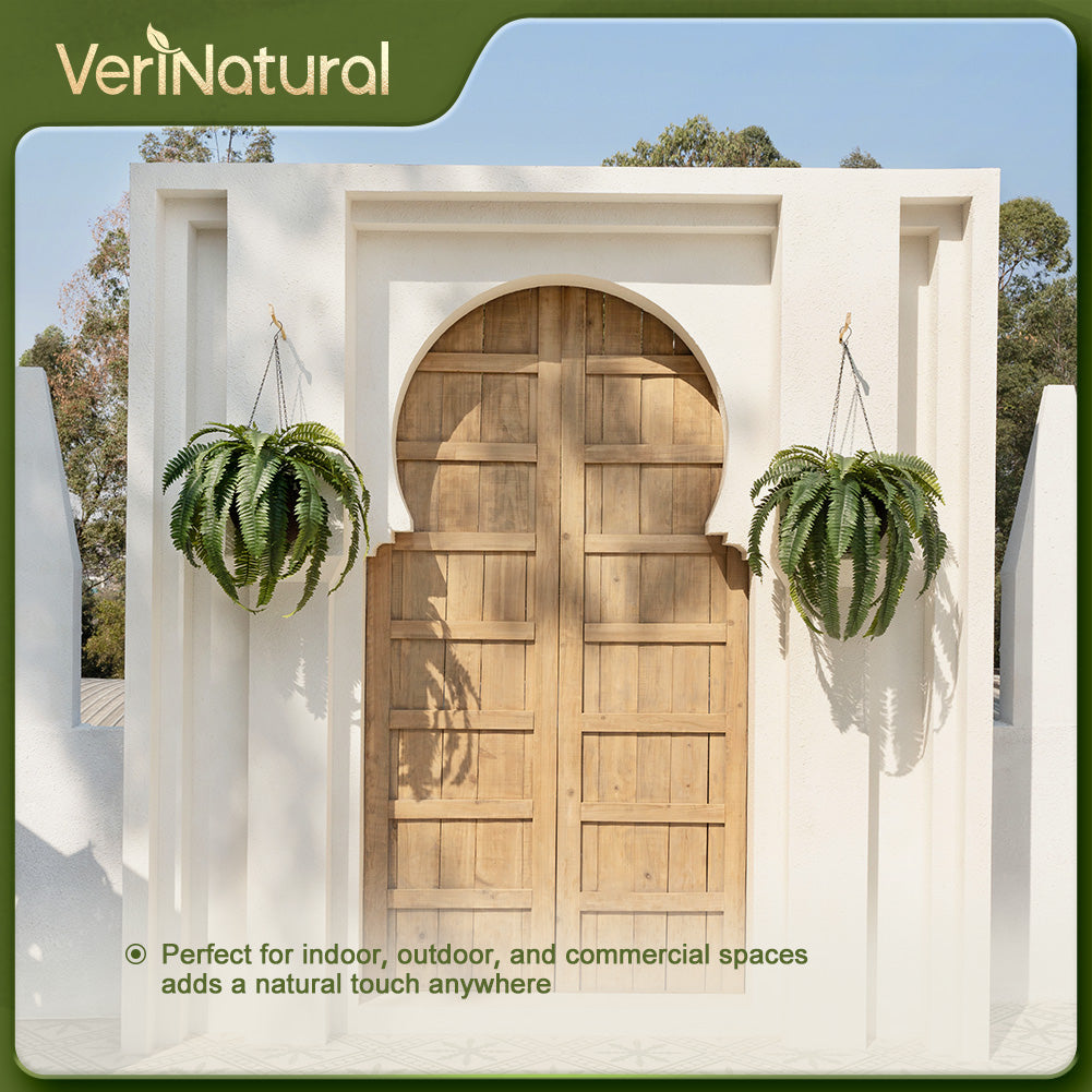 VeriNatural 33 Fronds UV Resistant Artificial Boston Fern Bush with Hanging Planter for Indoor & Outdoor (1/2-Pack)(VN142)