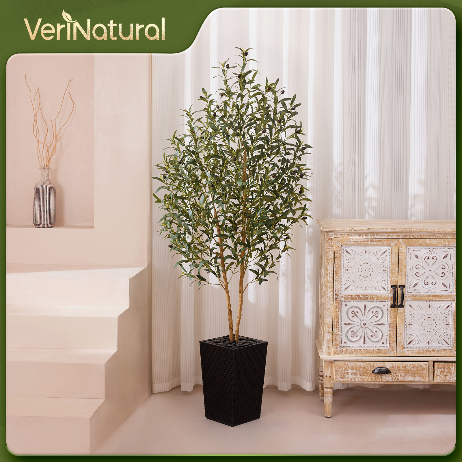 VeriNatural 5/6FT Artificial Olive Tree UV Resistant and Natural Trunk with Black Taper Planter for Indoor & Outdoor (VN131)