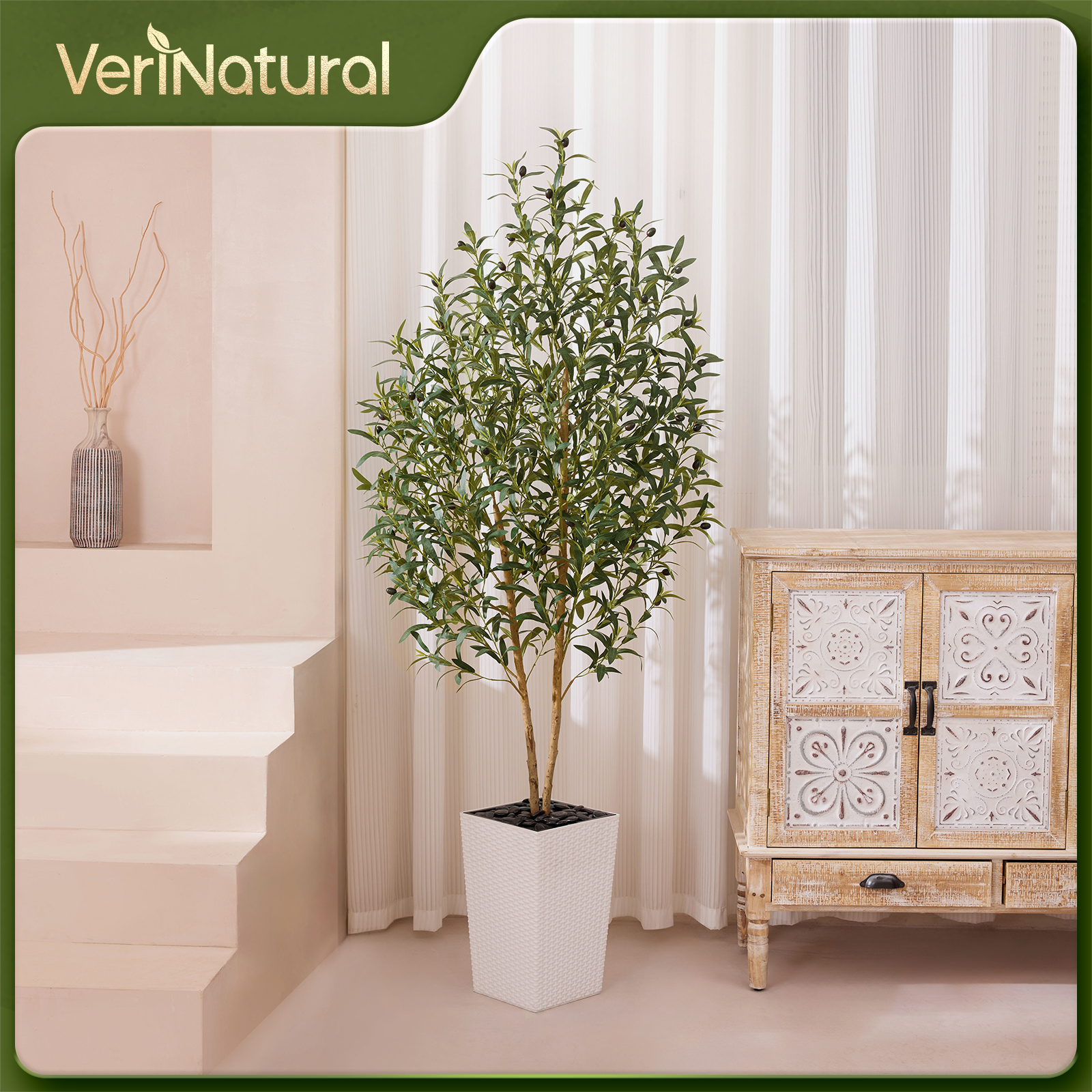 VeriNatural 5/6FT Artificial Olive Tree UV Resistant and Natural Trunk with Black Taper Planter for Indoor & Outdoor (VN131)