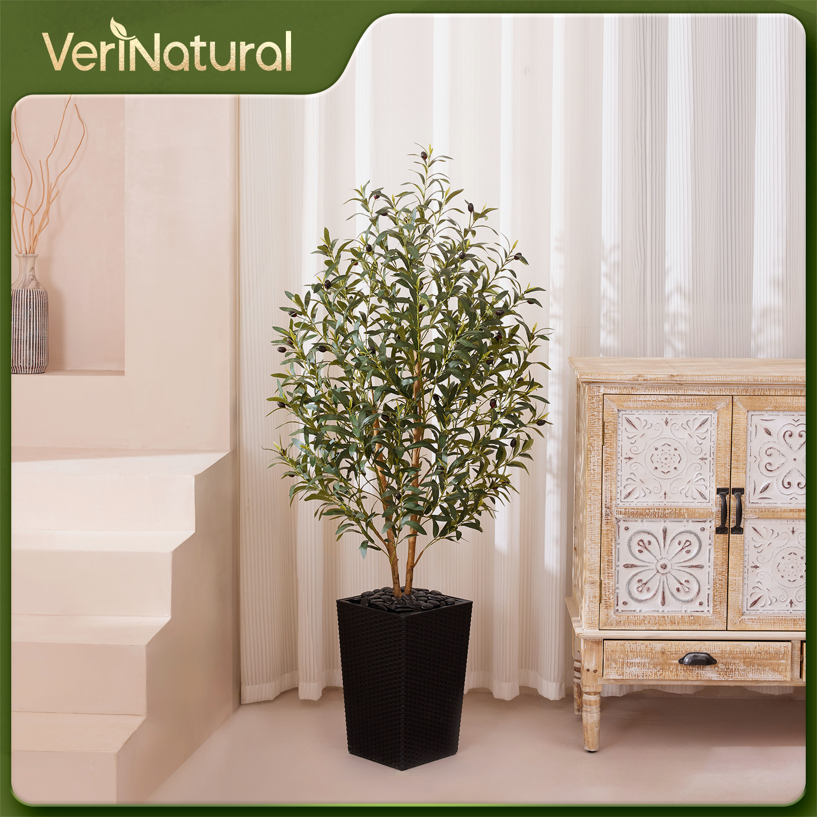 VeriNatural 5/6FT Artificial Olive Tree UV Resistant and Natural Trunk with Black Taper Planter for Indoor & Outdoor (VN131)