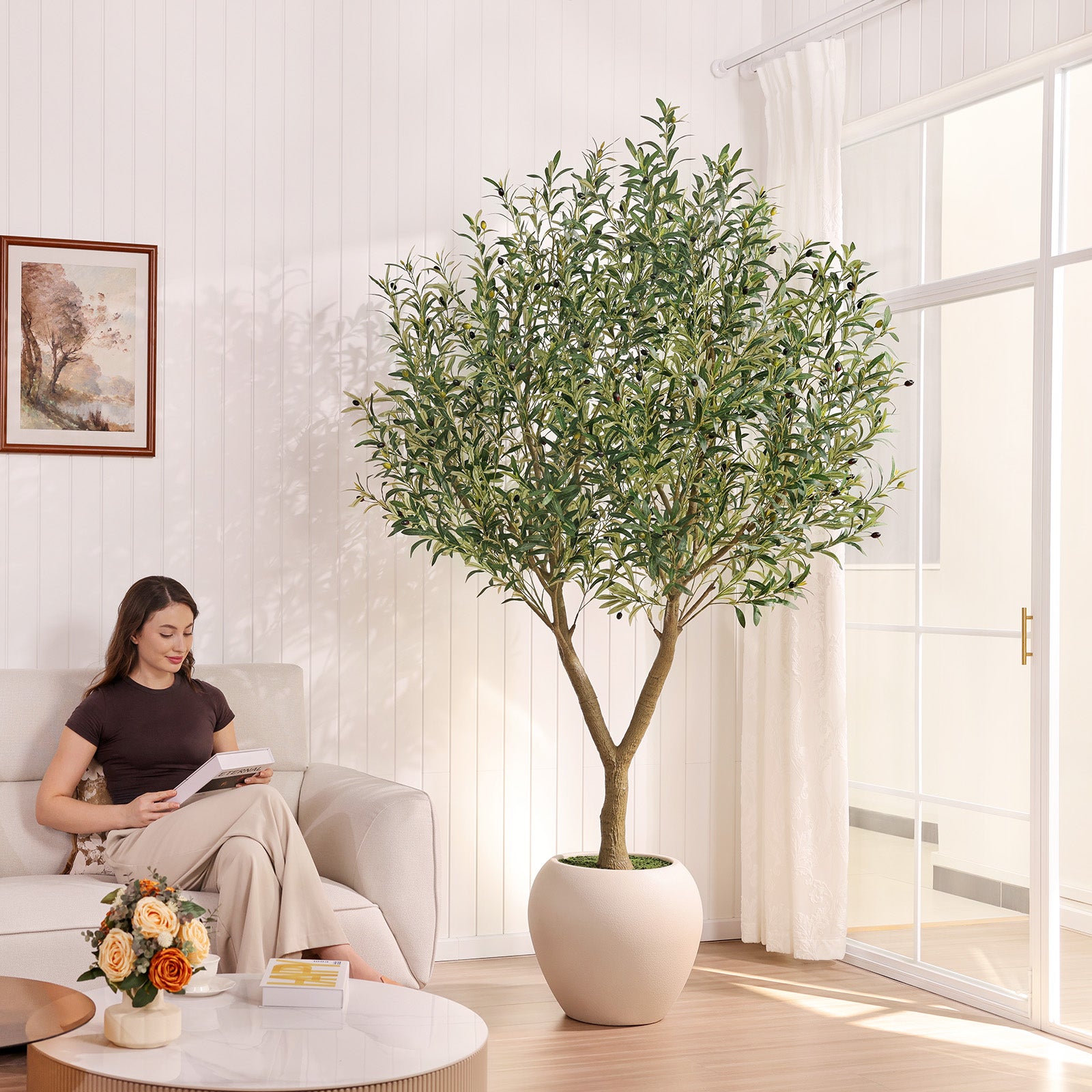 VeriNatural 8FT Artificial Olive Tree Indoor – Large Tall Faux Olive Tree with 18” White Round Planter, Full & Lush Fake Plant for Living Room, Office, Bedroom & Home Decor(VN210)