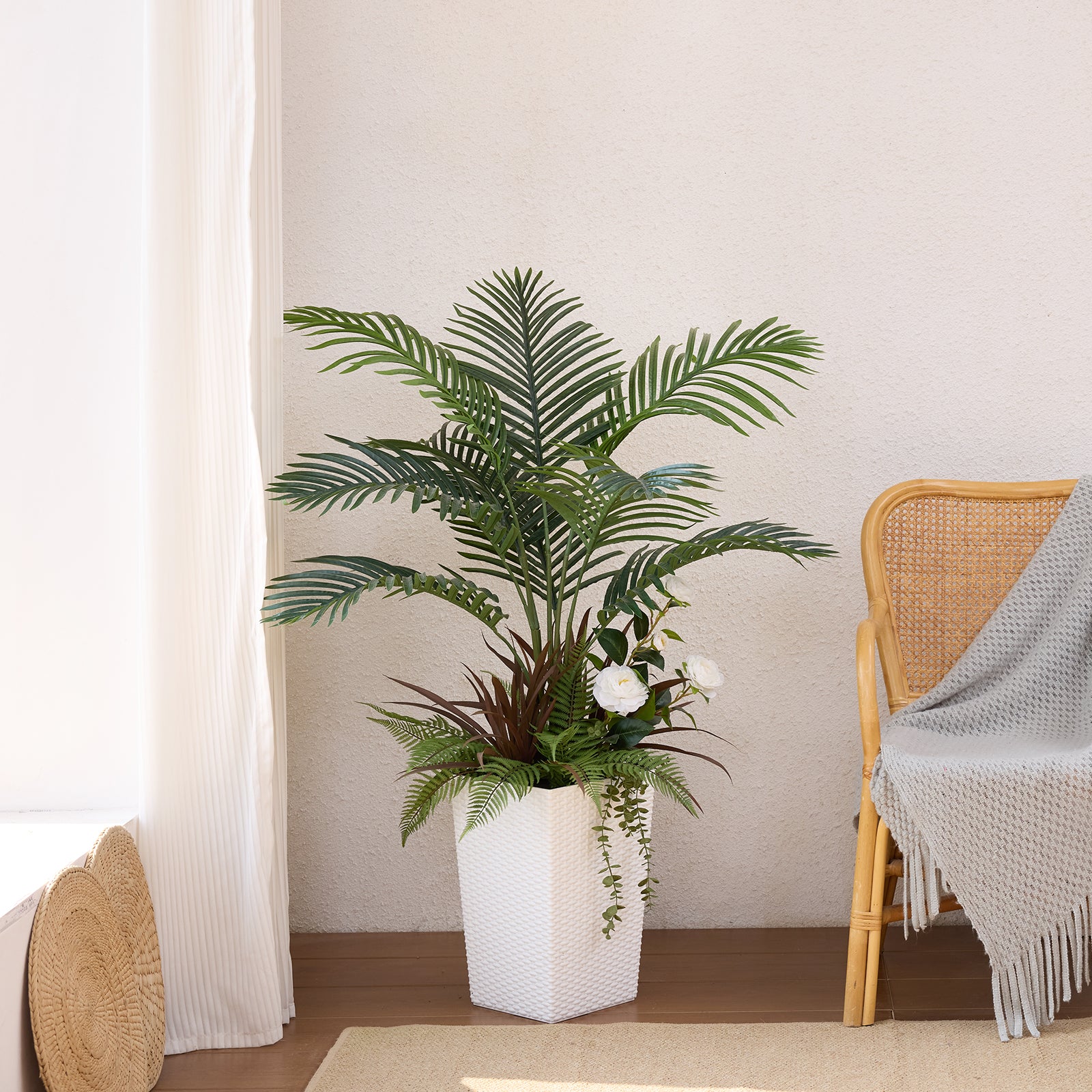 VeriNatural 4FT Mixed Fern and Plam Artificial Plants with Black/White Taper Planter for Indoor & Outdoor(VN148)