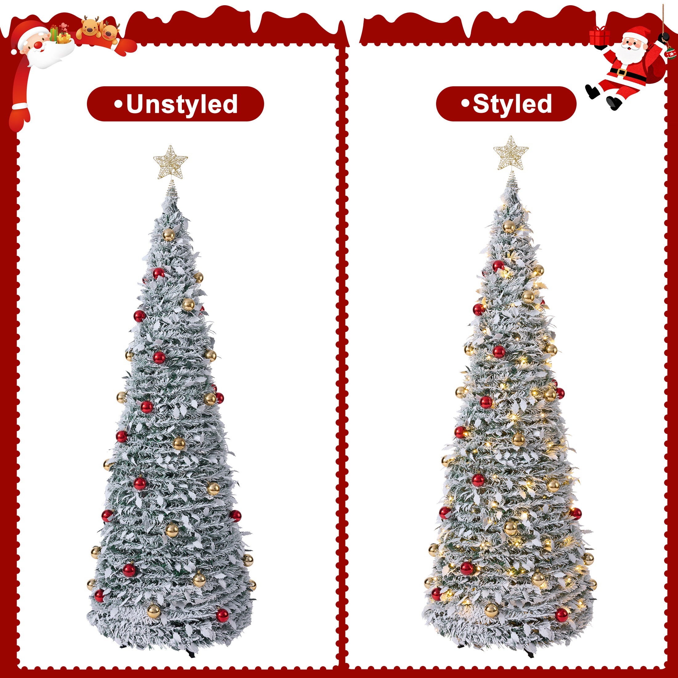 VeriNatural 6FT Snow Flocked Pop Up Christmas Tree, Pre-Lit Foldable Artificial Xmas Tree with 150 Warm White LED Lights, Star Topper & 50 Ornaments, Pre-Decorated Holiday Tree for Home & Office Decor