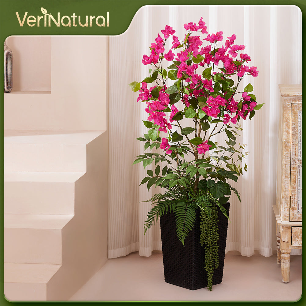 VeriNatural 4FT Mixed Greens and Bougainvillea Artificial Plants with Black Taper Planter for Indoor & Outdoor (1/2-Pack)(VN146)