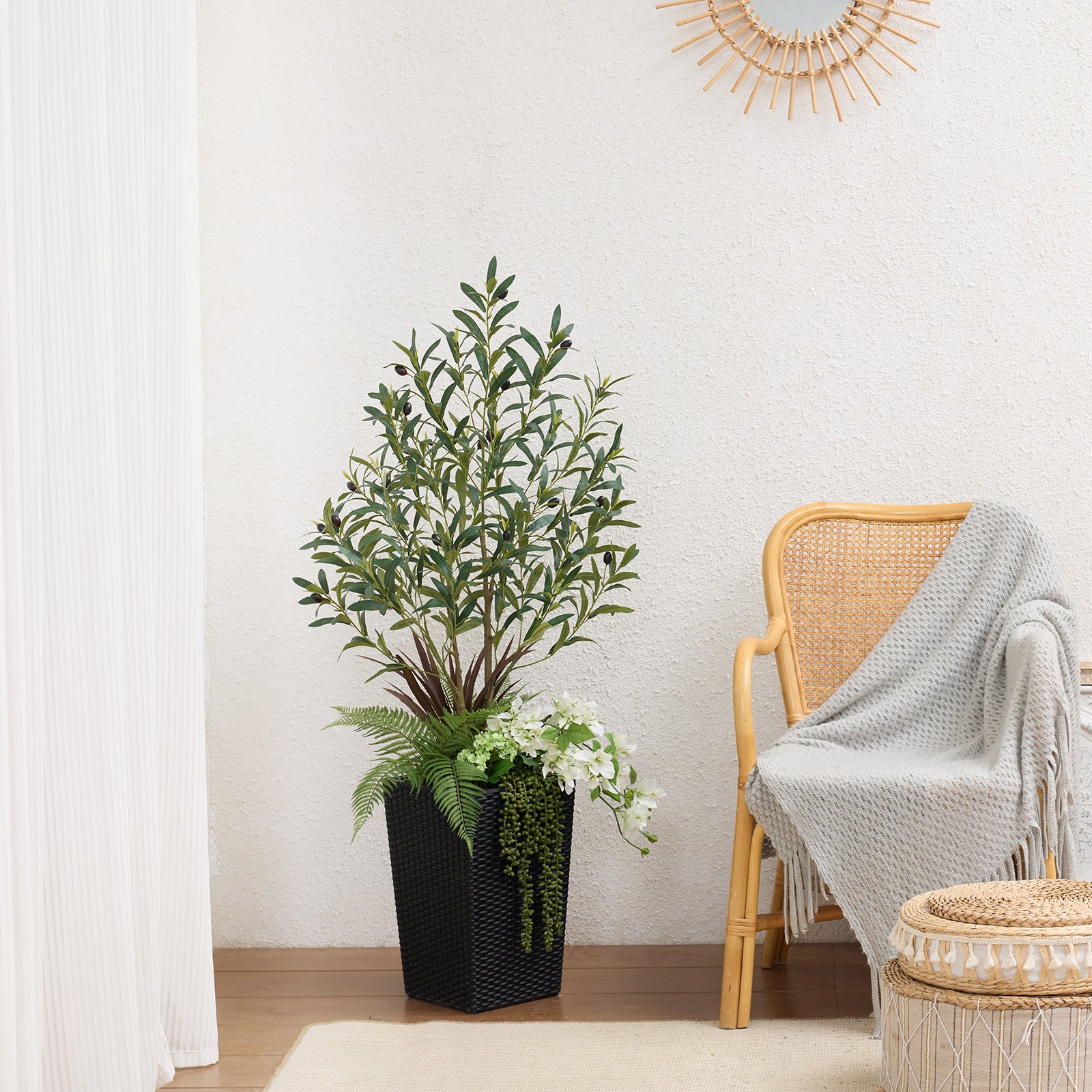 natural looking artificial plants indoor VeriNatural 4FT Mixed Fern and Olive Artificial Plants with Black Taper Planter for Indoor & Outdoor(VN149)