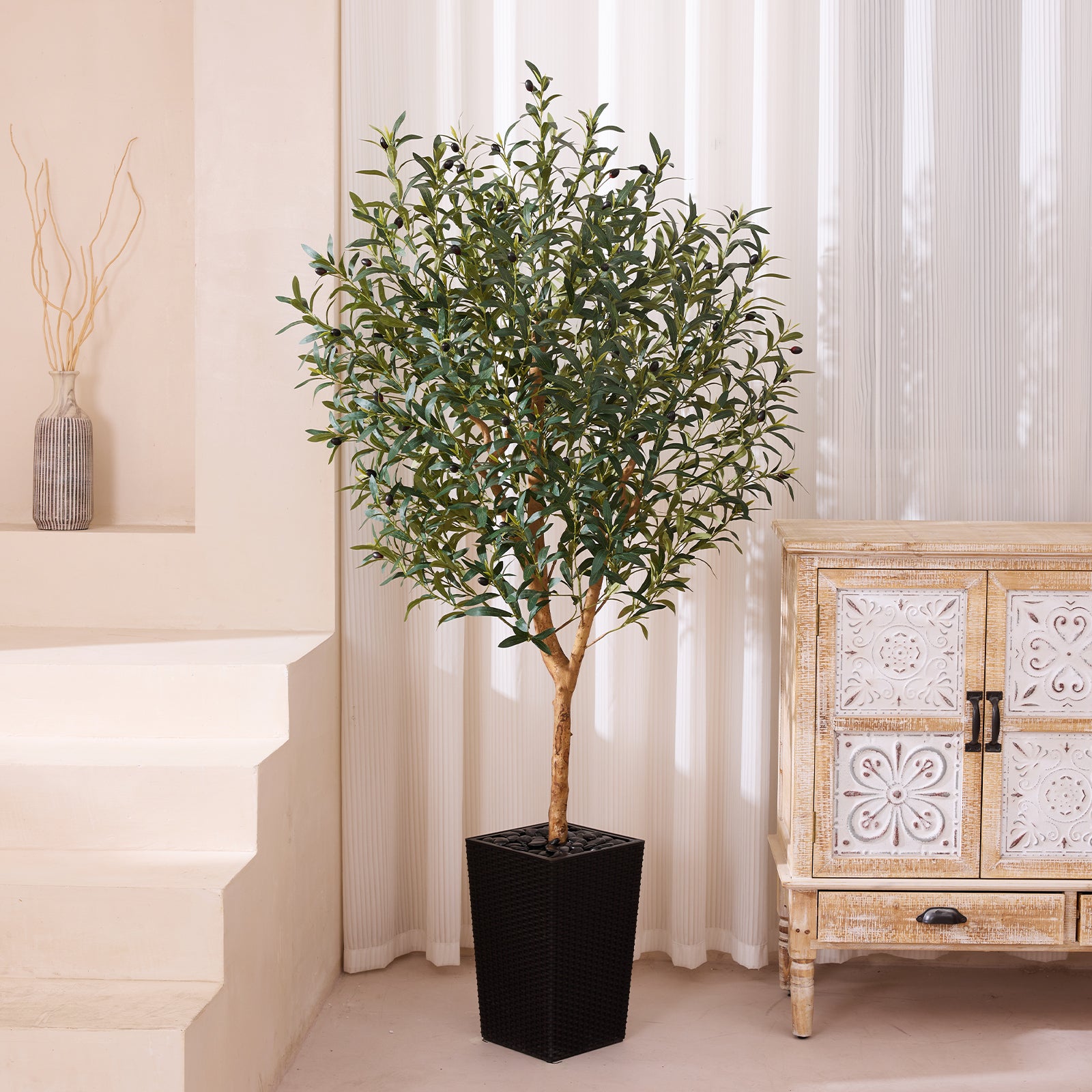 VeriNatural 5/6/7FT Natural Trunk Artificial Olive Tree UV Resistant with Black/White Taper Planter for Indoor & Outdoor(VN133)