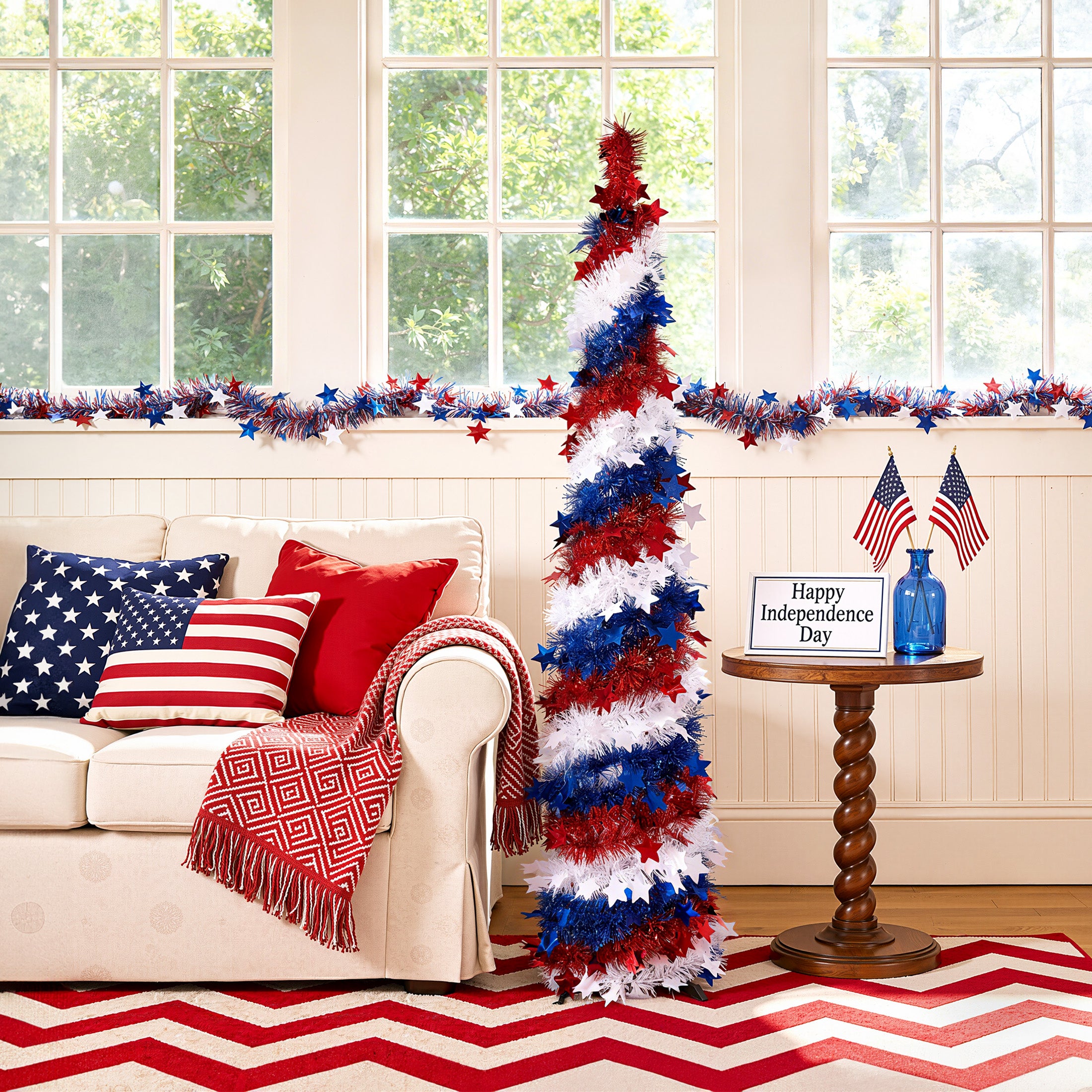 VeriNatural 5 ft 4th of July Decorations Pop Up Tinsel Pencil Tree - USA 250th Anniversary Patriotic Decor, Red White Blue Decorations with Stars for Independence Day, Memorial Day & Veterans Day