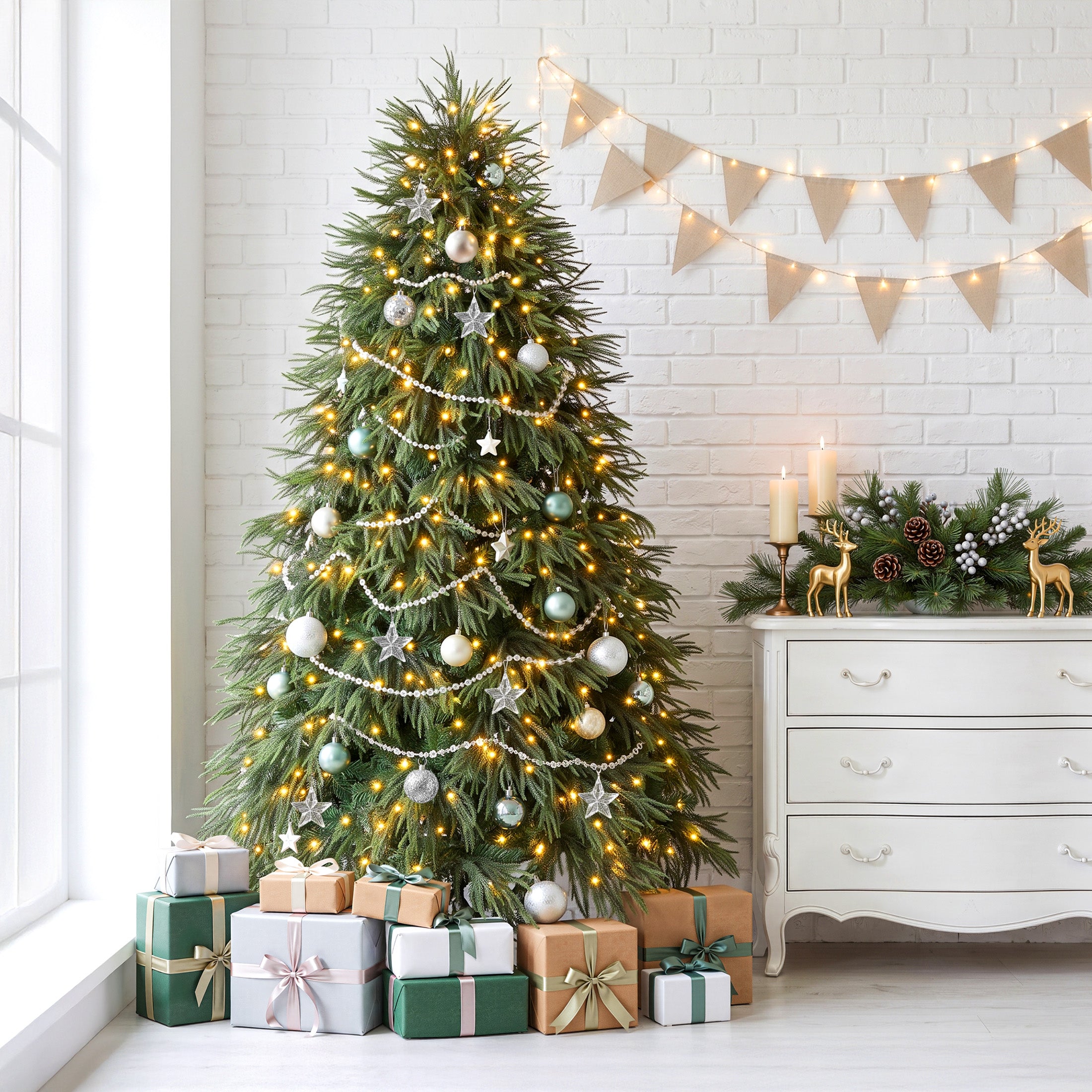 VeriNatural 4.4/6/7.4FT Pre-Lit Artificial Christmas Tree, Realistic Pine Tree with Warm White LED Lights, Lifelike PE Branches, Easy Setup Holiday Tree for Home, Office & Indoor Christmas Decoration