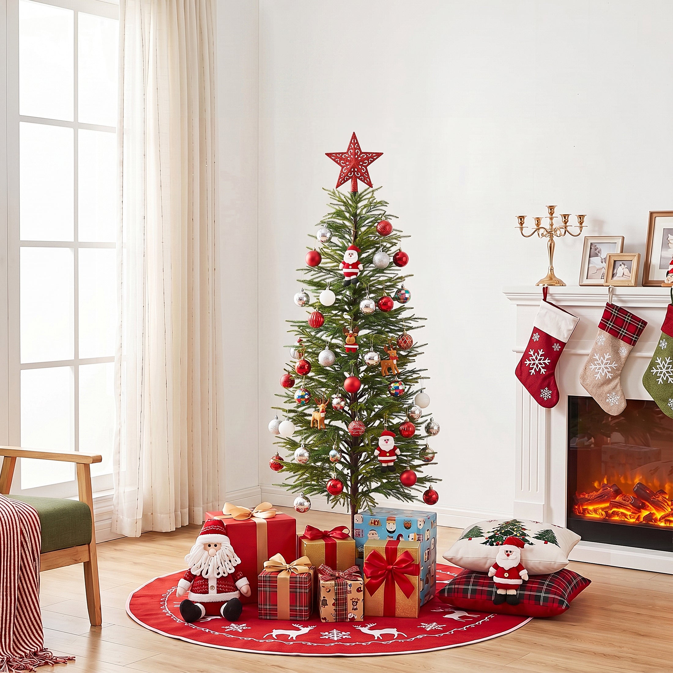 VeriNatural 5/6/7FT Artificial Green Cypress Christmas Tree, Full-Bodied Holiday Tree with Pre-Lit or Unlit Options, Metal Stand, Indoor Xmas Decor