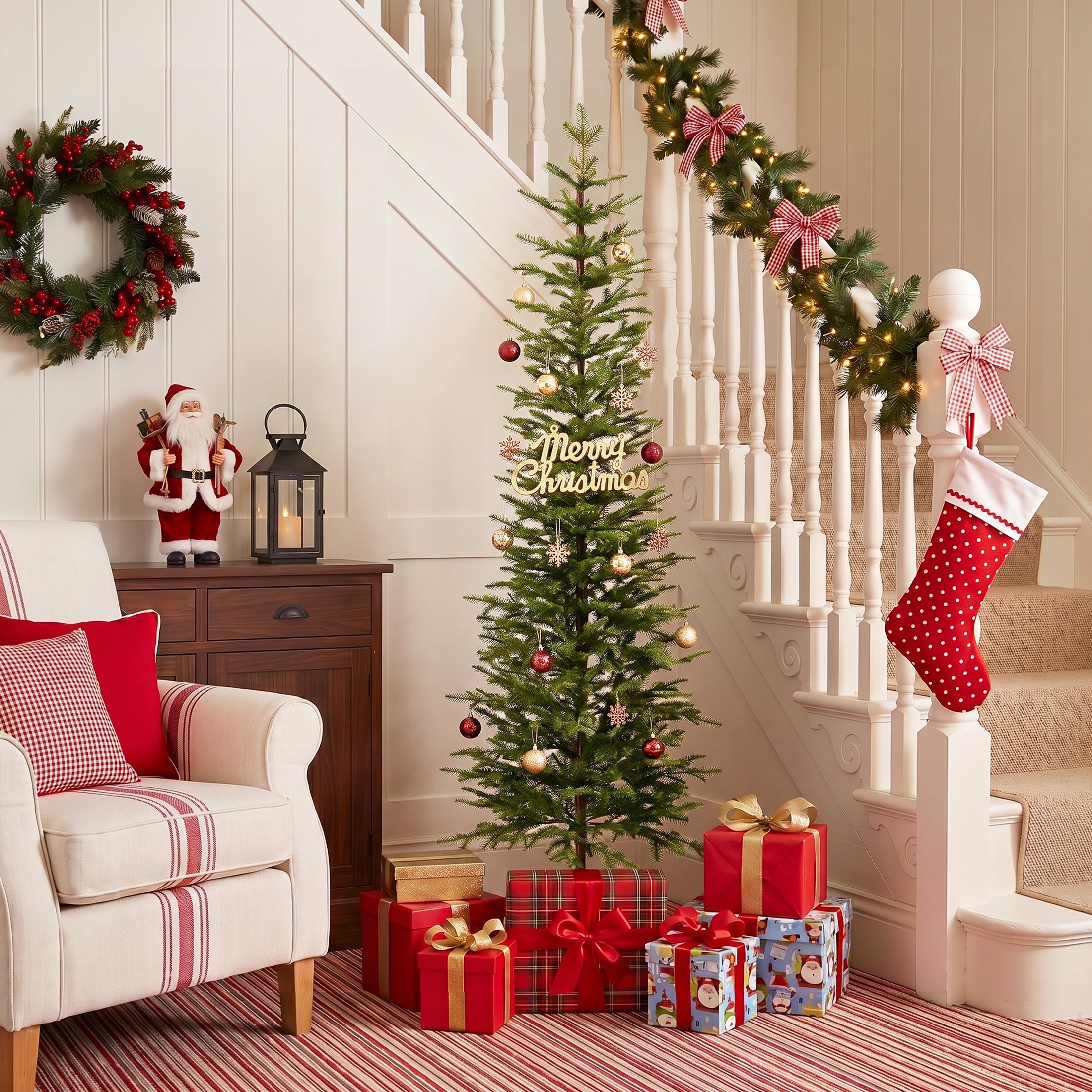 VeriNatural 5/6/7FT Pencil Christmas Tree, Slim Artificial Christmas Tree with Realistic PE Branch Tips, Available Pre-Lit or Unlit, Metal Stand, Indoor Holiday Decoration for Apartment, Entryway, Corner & Office