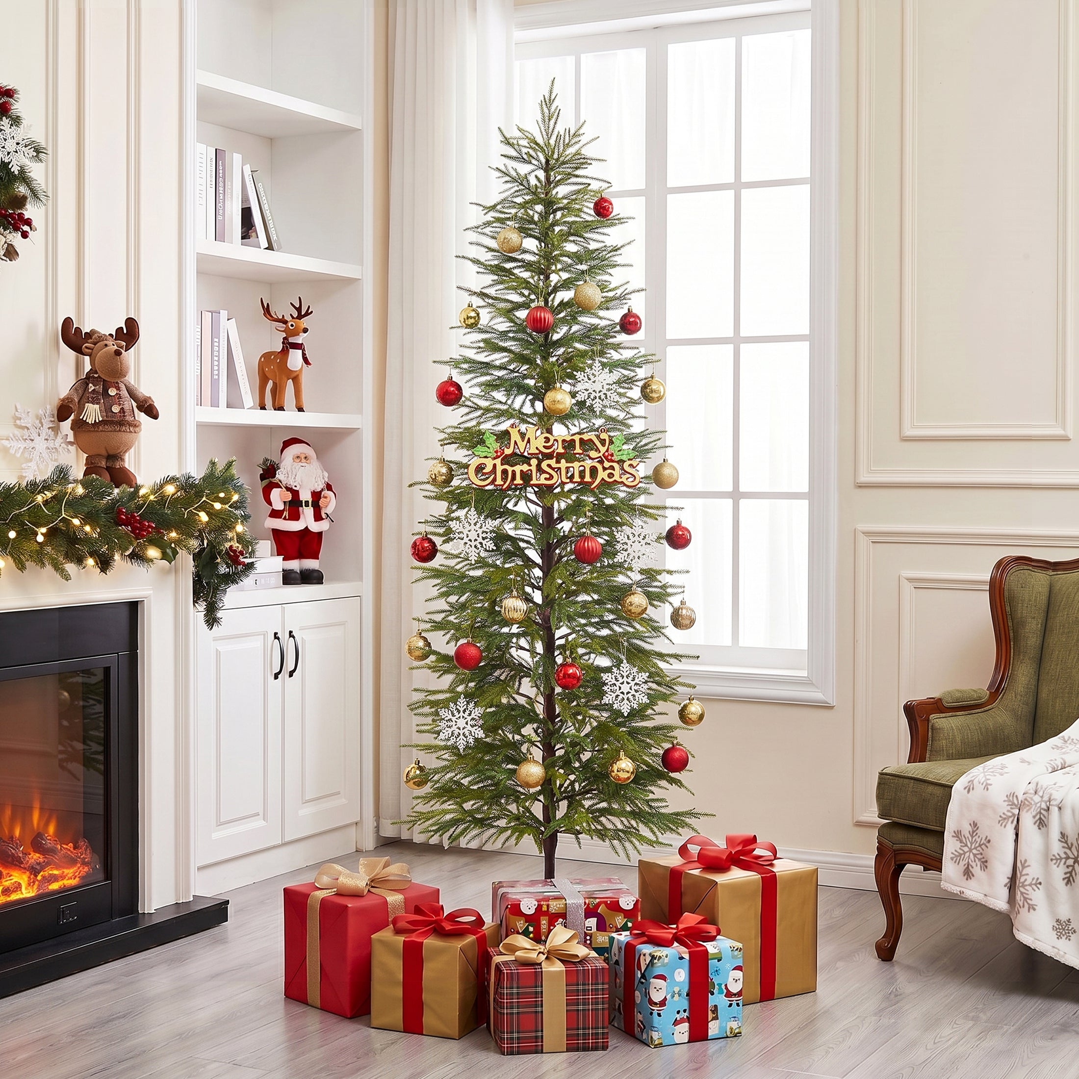 VeriNatural 5/6/7FT Artificial Green Cypress Christmas Tree, Full-Bodied Holiday Tree with Pre-Lit or Unlit Options, Metal Stand, Indoor Xmas Decor