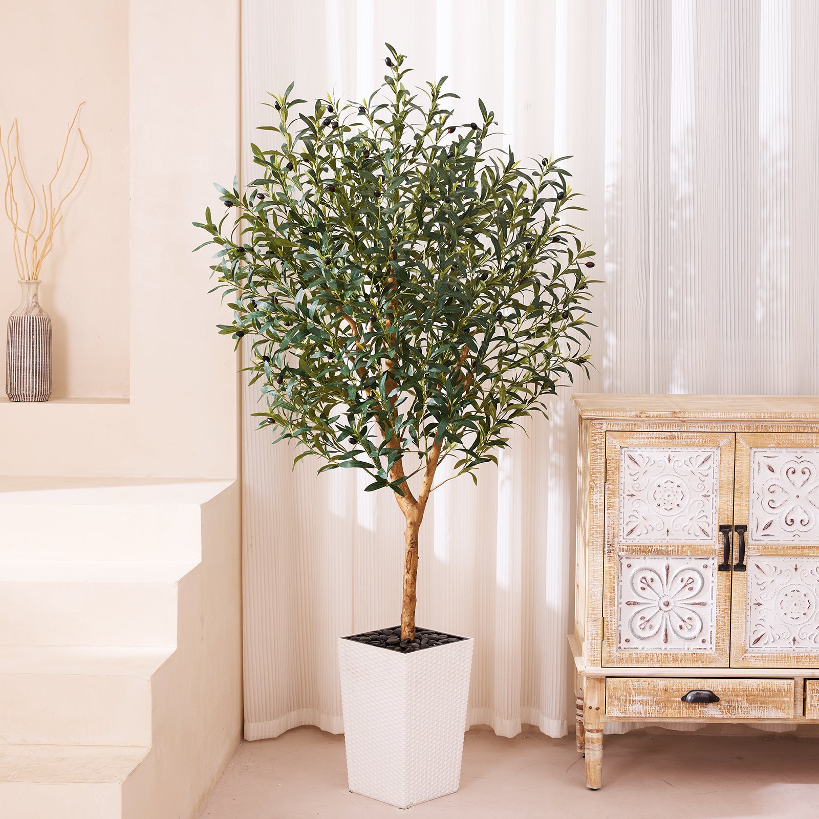 VeriNatural 5/6/7FT Natural Trunk Artificial Olive Tree UV Resistant with Black/White Taper Planter for Indoor & Outdoor(VN133)