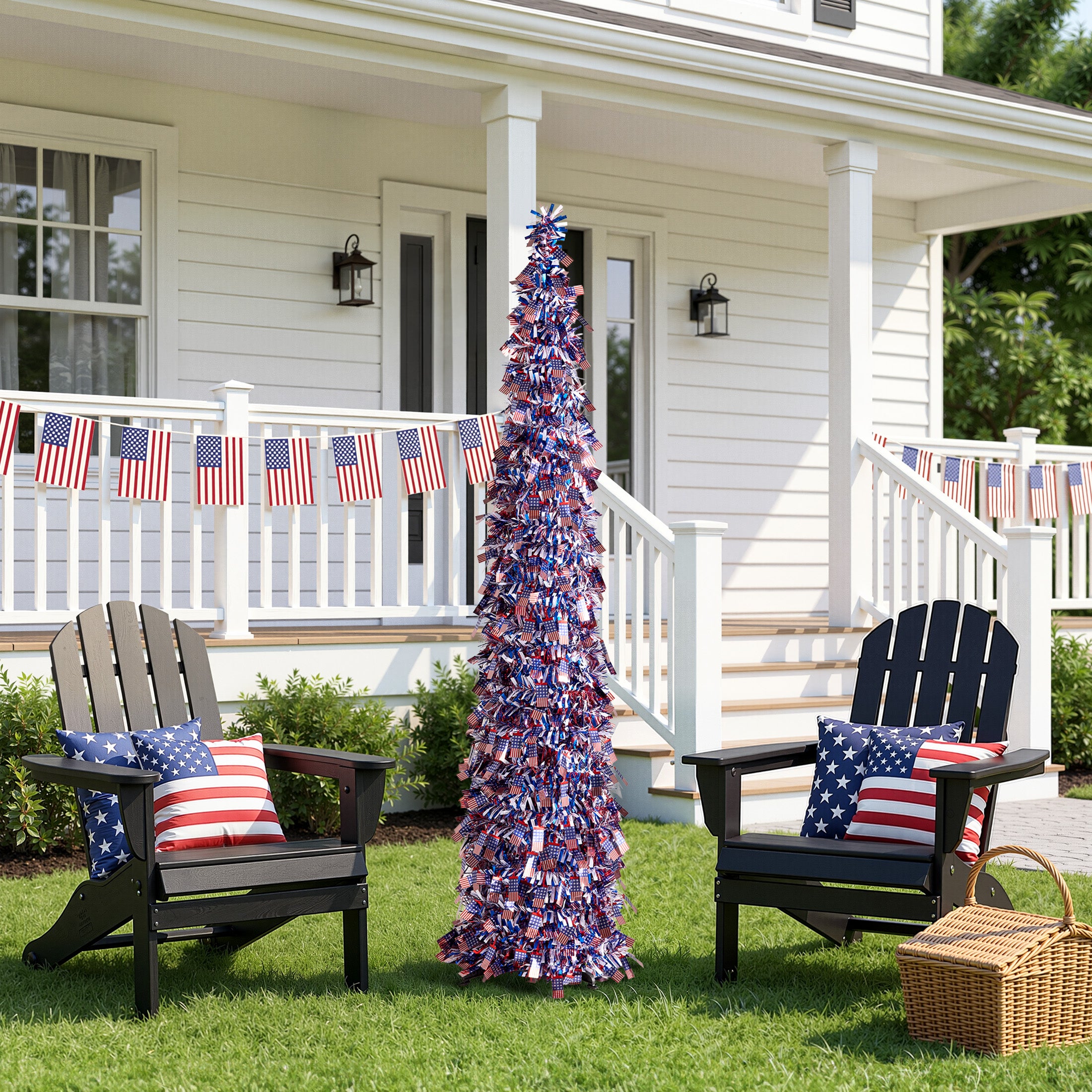 VeriNatural 4th of July Decor, Patriotic Pop up Pencil Tree,4.9 Ft Tinsel Tree,Sequin Star Ornaments Garland Collapsible Tree for Independence Day Memorial Home Decor
