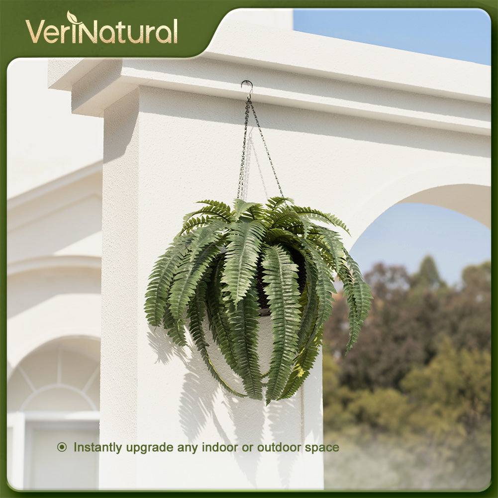VeriNatural 33 Fronds UV Resistant Artificial Boston Fern Bush with Hanging Planter for Indoor & Outdoor (1/2-Pack)(VN142)