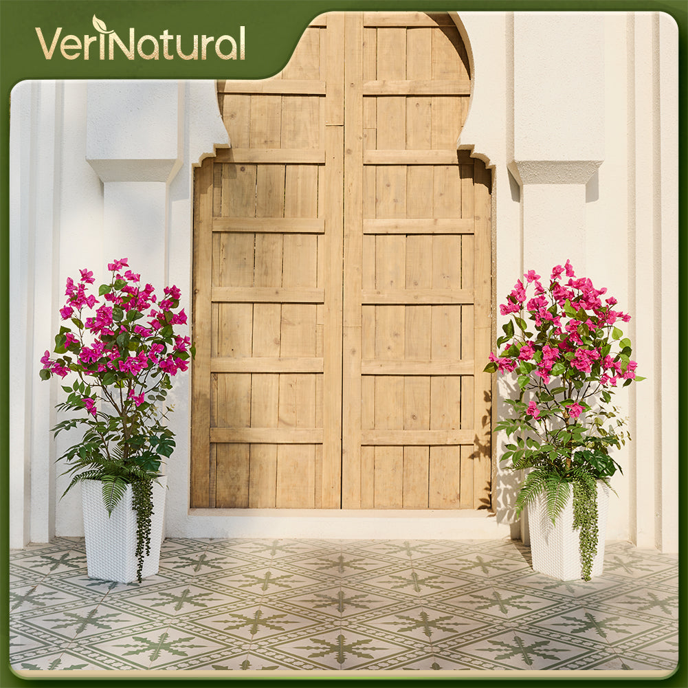 VeriNatural 4FT Mixed Greens and Bougainvillea Artificial Plants with Black Taper Planter for Indoor & Outdoor (1/2-Pack)(VN146)