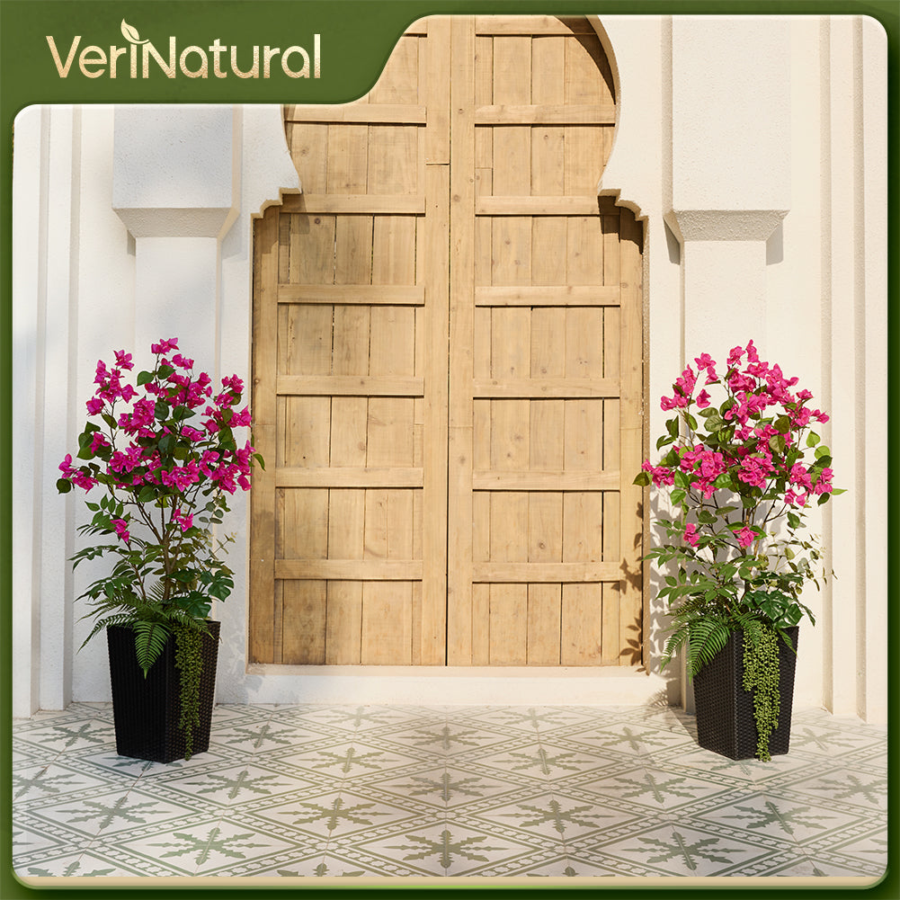 VeriNatural 4FT Mixed Greens and Bougainvillea Artificial Plants with Black Taper Planter for Indoor & Outdoor (1/2-Pack)(VN146)