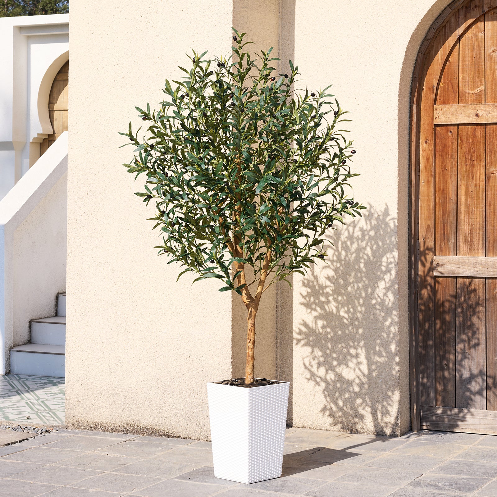 VeriNatural 5/6/7FT Natural Trunk Artificial Olive Tree UV Resistant with Black/White Taper Planter for Indoor & Outdoor(VN133)