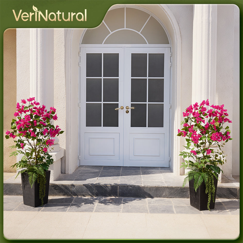 VeriNatural 4FT Mixed Greens and Bougainvillea Artificial Plants with Black Taper Planter for Indoor & Outdoor (1/2-Pack)(VN146)