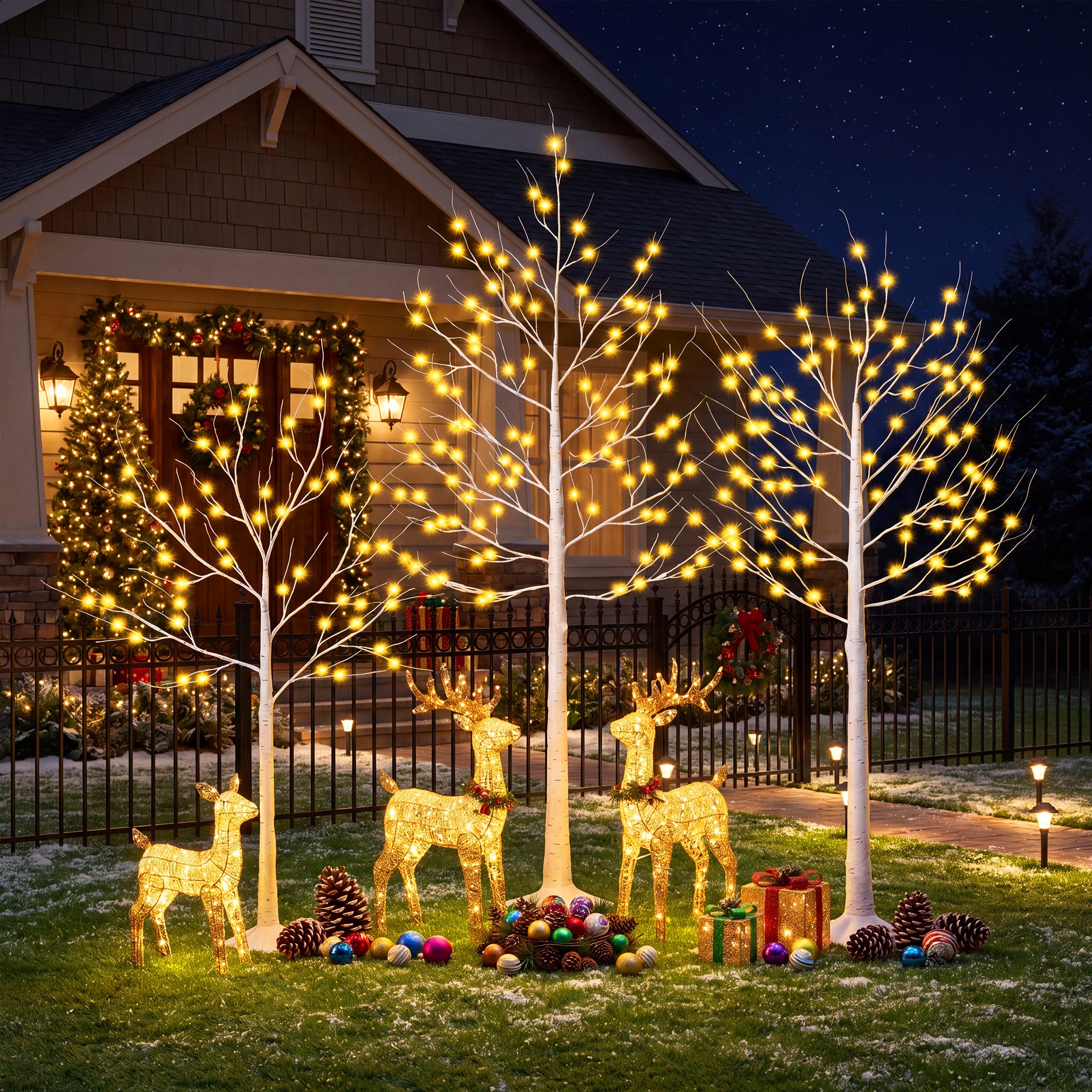 VeriNatural LED Birch Tree Light Set – 4FT/5FT/6FT Pre-Lit Artificial Trees with Warm White Plug-In Lights, Indoor & Outdoor Christmas, Holiday, Wedding & Party Decor (3-Pack)