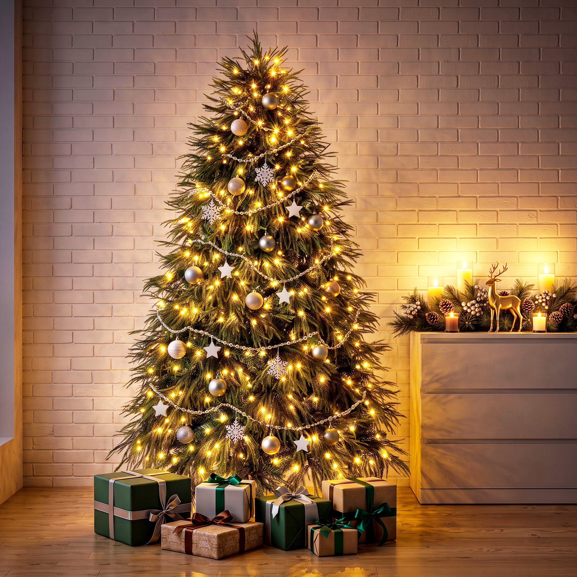 VeriNatural 4.4/6/7.4FT Pre-Lit Artificial Christmas Tree, Realistic Pine Tree with Warm White LED Lights, Lifelike PE Branches, Easy Setup Holiday Tree for Home, Office & Indoor Christmas Decoration