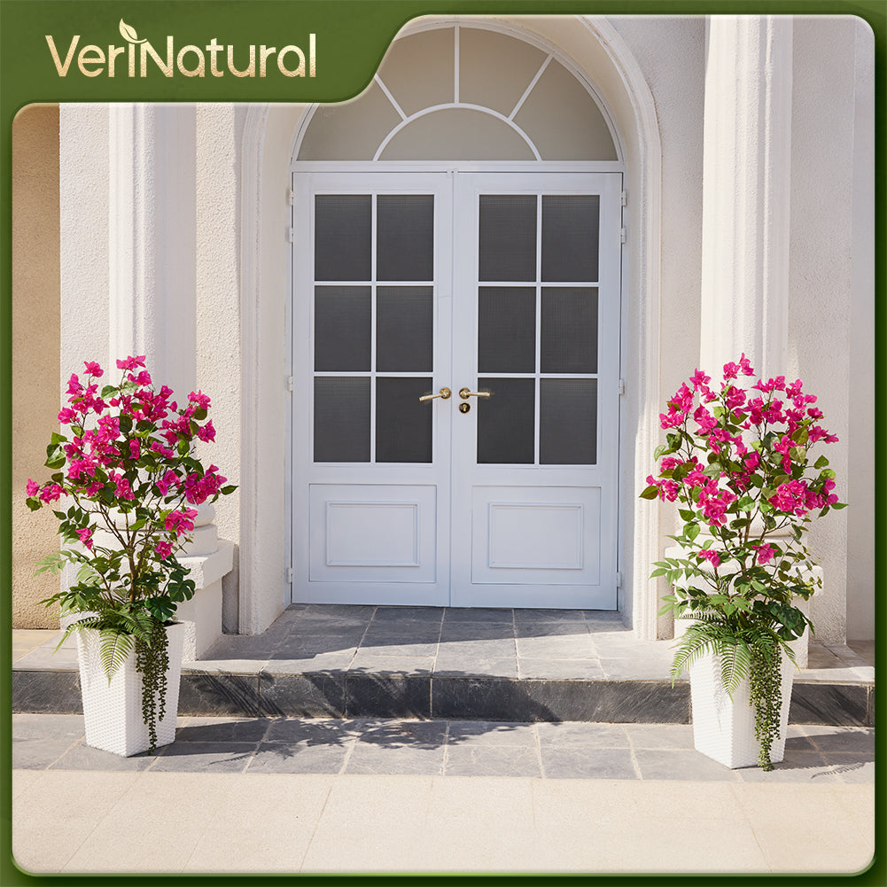 VeriNatural 4FT Mixed Greens and Bougainvillea Artificial Plants with Black Taper Planter for Indoor & Outdoor (1/2-Pack)(VN146)