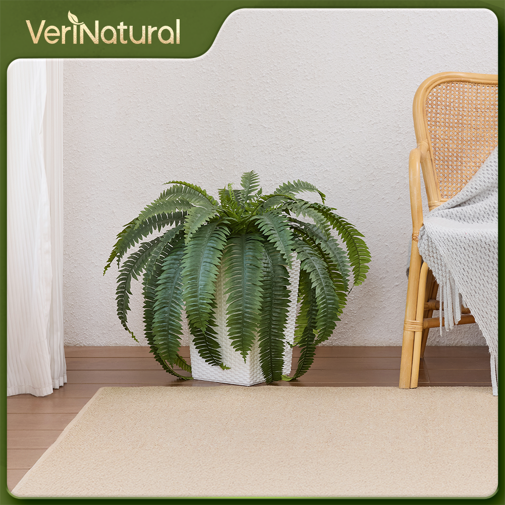VeriNatural 33/39 Fronds Artificial Boston Fern Bush with Black Taper Planter for Indoor & Outdoor (1/2-Pack)(VN153)