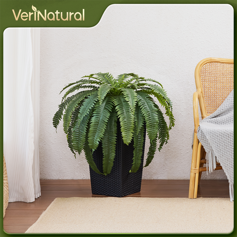 VeriNatural 33/39 Fronds Artificial Boston Fern Bush with Black Taper Planter for Indoor & Outdoor (1/2-Pack)(VN153)