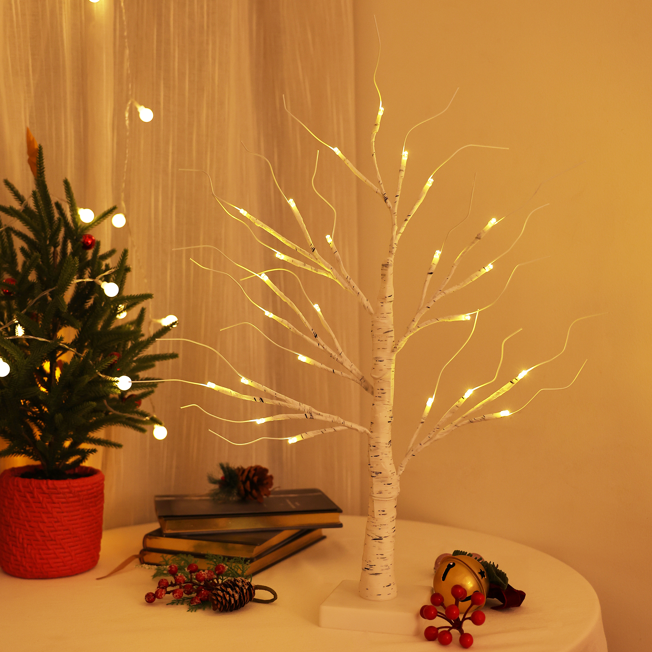 VeriNatural 2FT Lighted Birch Tree with LED Lights – USB Powered Christmas Decorations (2-Pack), Warm White Fairy Tree Lights for Indoor Holiday & Home Decor