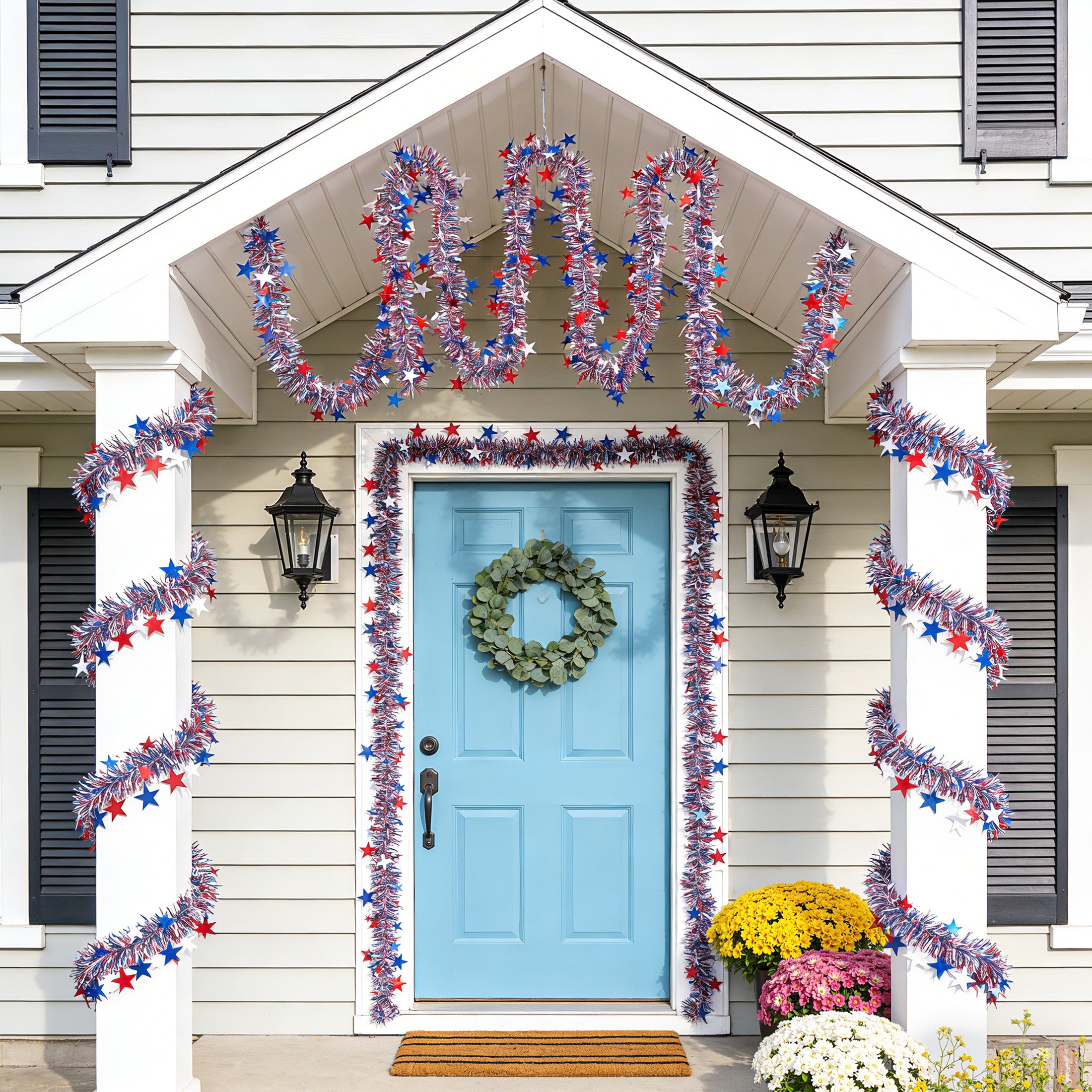 VeriNatural Garland – 2×9FT Red, White & Blue Glitter Tinsel with Stars – Party Decor for Indoor & Outdoor